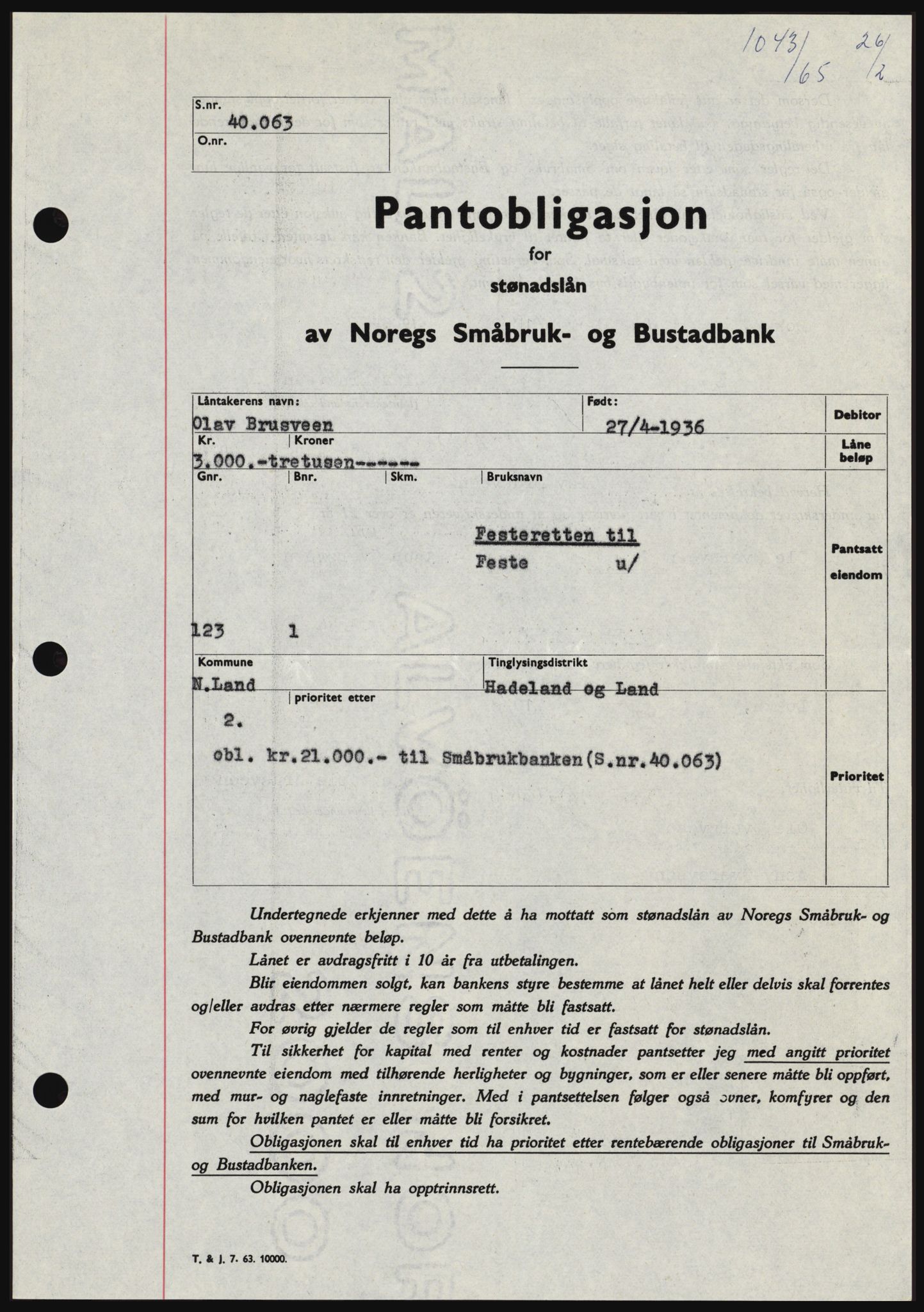 Hadeland og Land tingrett, SAH/TING-010/H/Hb/Hbc/L0058: Pantebok nr. B58, 1965-1965, Dagboknr: 1043/1965
