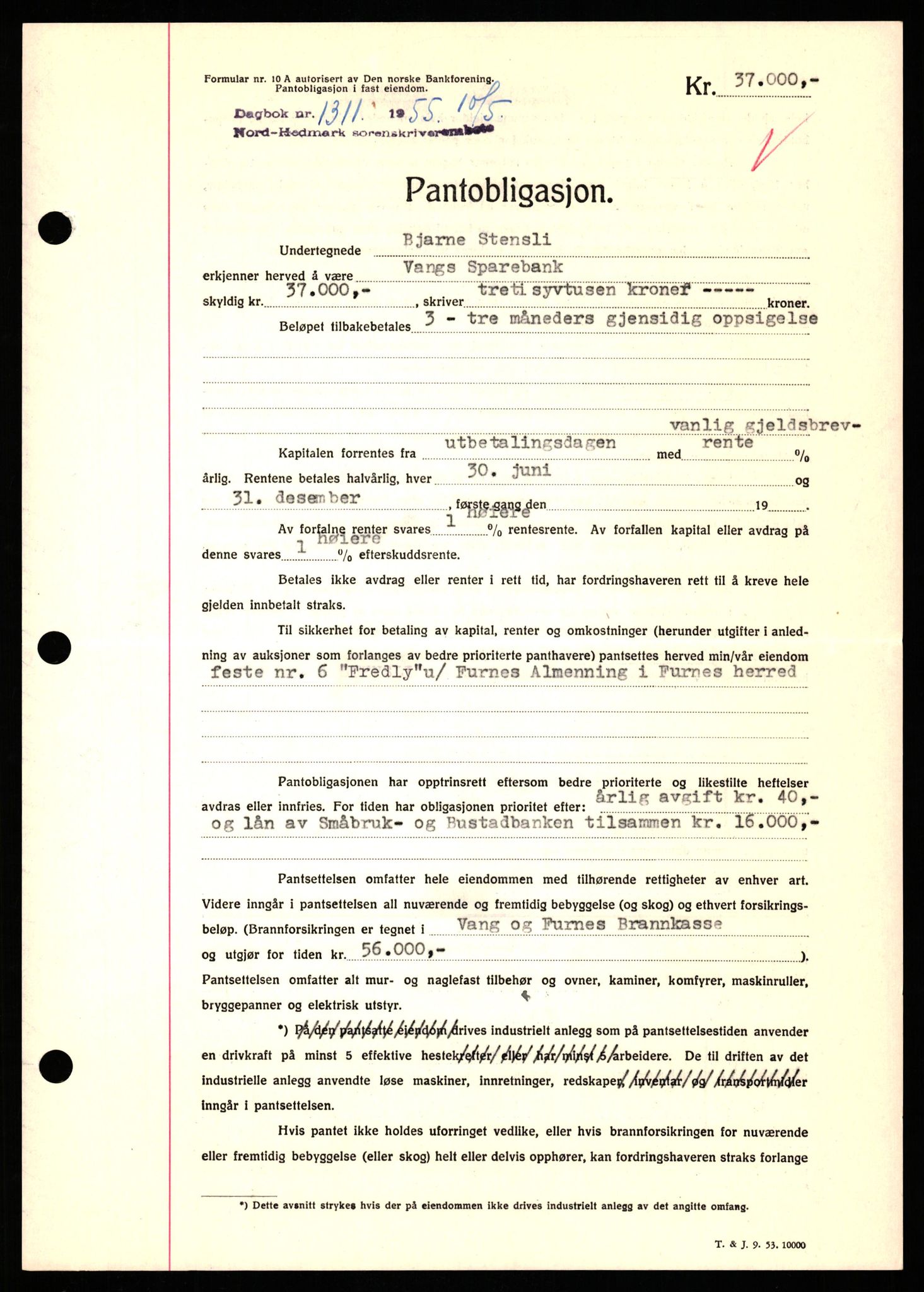 Nord-Hedmark sorenskriveri, SAH/TING-012/H/Hb/Hbf/L0032: Pantebok nr. B32, 1955-1955, Dagboknr: 1311/1952