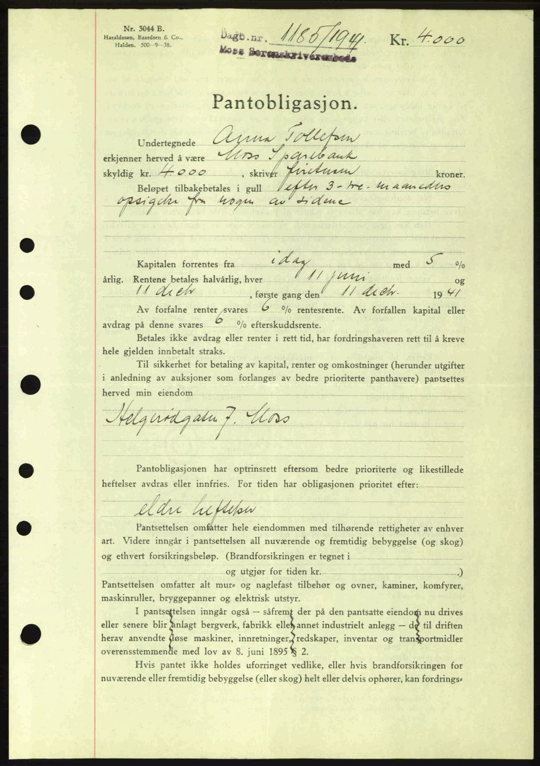 Moss sorenskriveri, SAO/A-10168: Pantebok nr. B10, 1940-1941, Dagboknr: 1185/1941