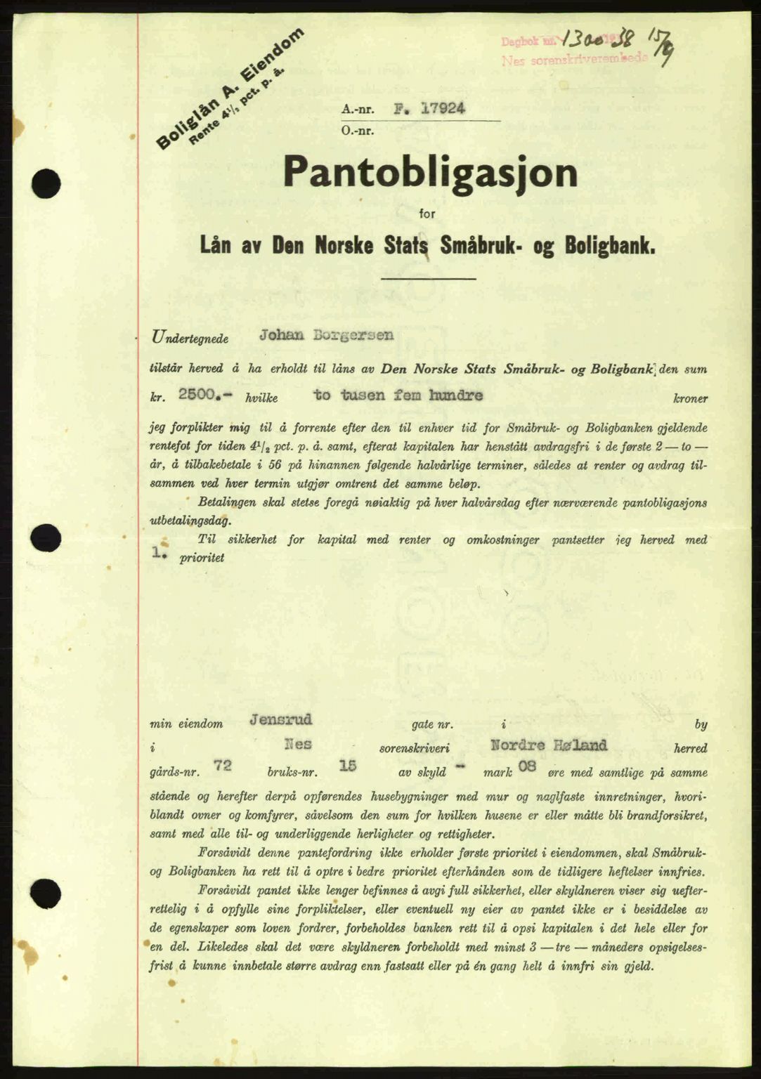 Nes tingrett, SAO/A-10548/G/Gb/Gbb/L0006: Pantebok nr. 50, 1938-1938, Dagboknr: 1300/1938