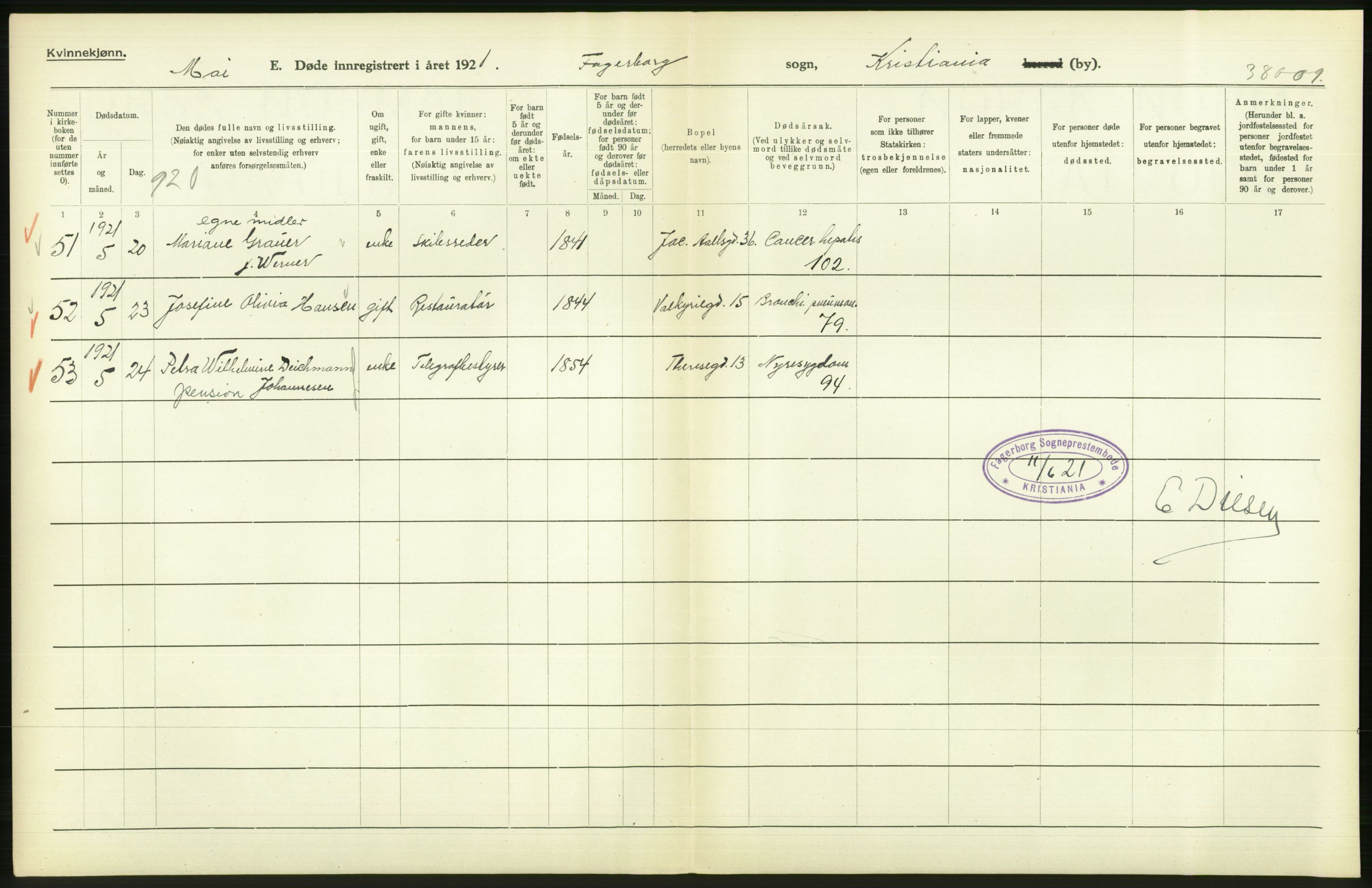 Statistisk sentralbyrå, Sosiodemografiske emner, Befolkning, AV/RA-S-2228/D/Df/Dfc/Dfca/L0012: Kristiania: Døde, 1921, s. 328