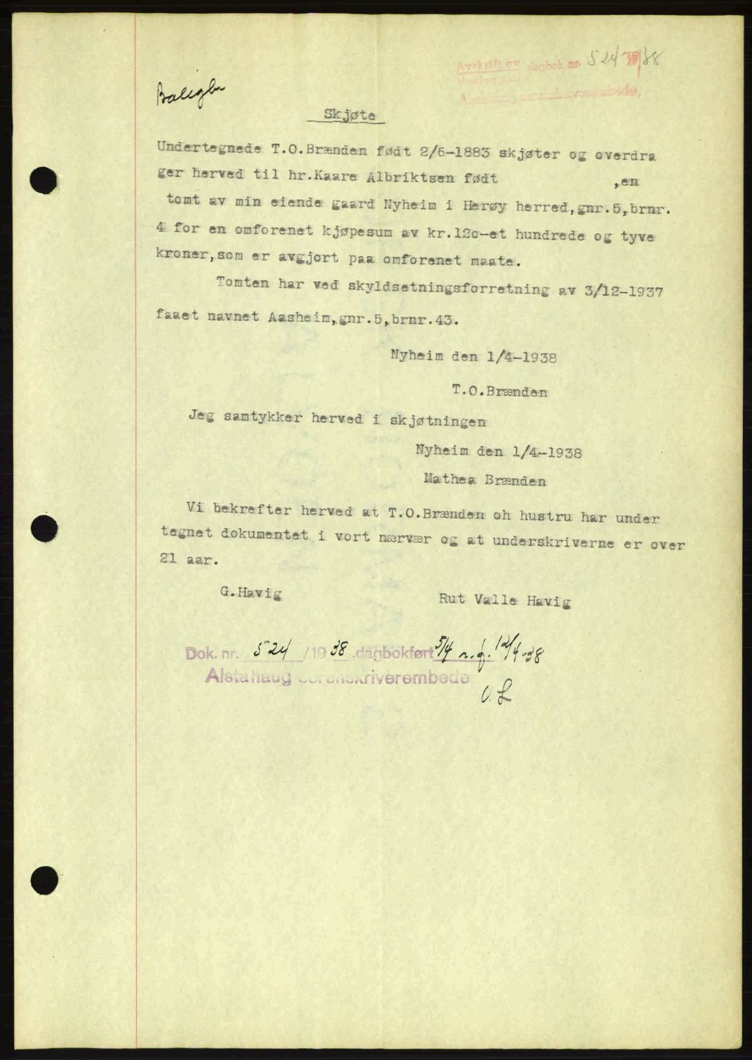 Alstahaug sorenskriveri, SAT/A-1009: Pantebok nr. A3, 1937-1938, Dagboknr: 524/1938
