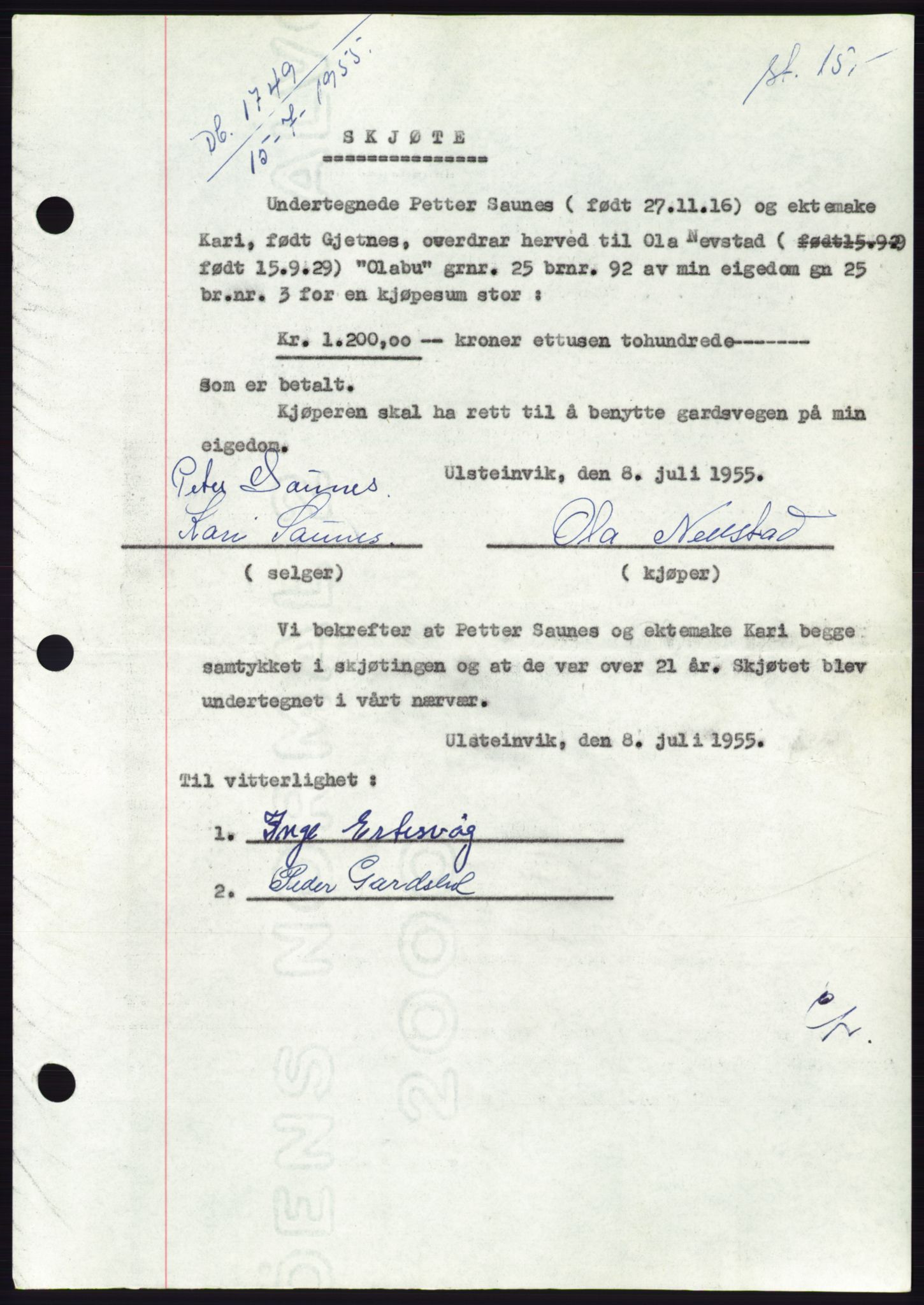 Søre Sunnmøre sorenskriveri, AV/SAT-A-4122/1/2/2C/L0101: Pantebok nr. 27A, 1955-1955, Dagboknr: 1749/1955