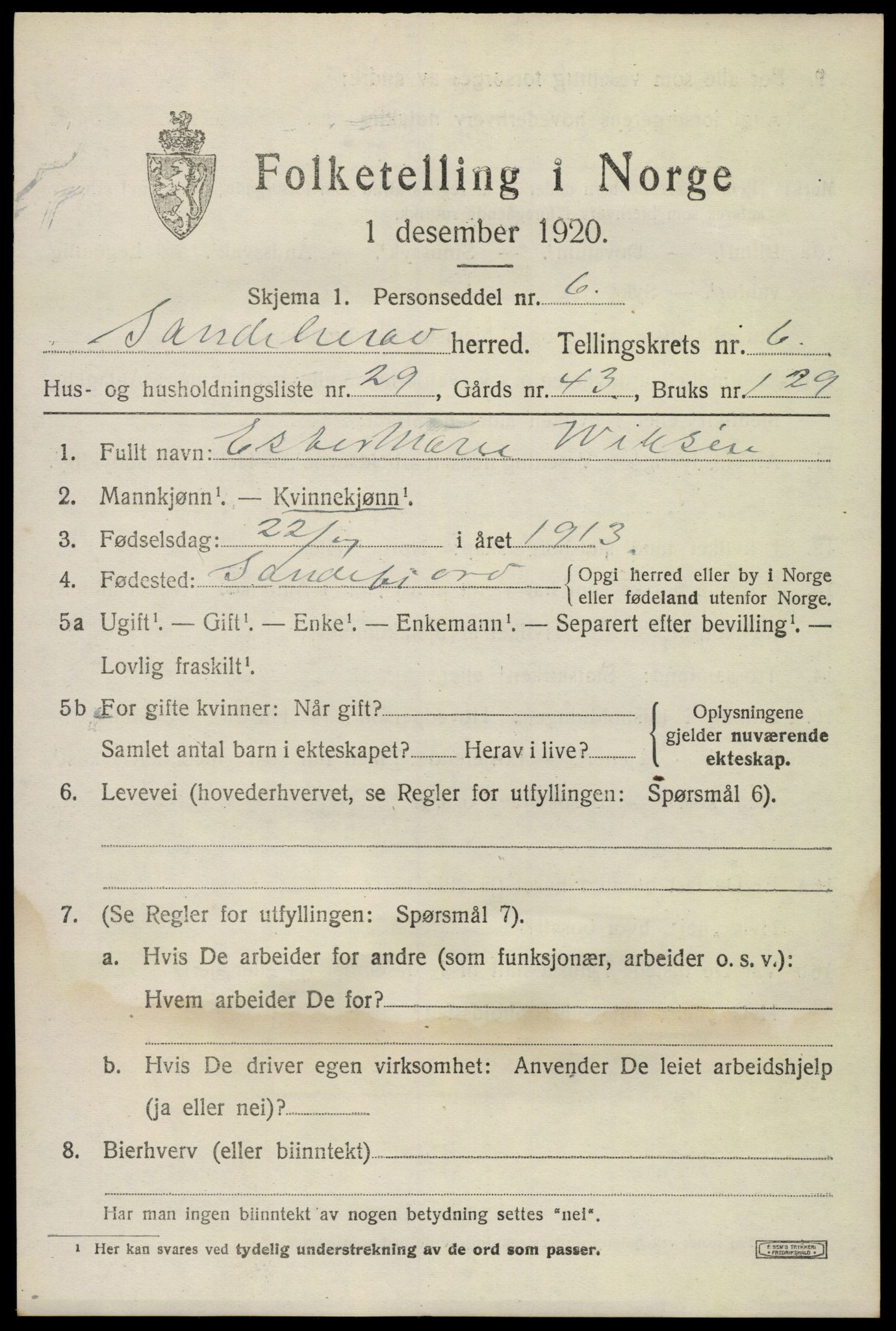 SAKO, Folketelling 1920 for 0724 Sandeherred herred, 1920, s. 9954