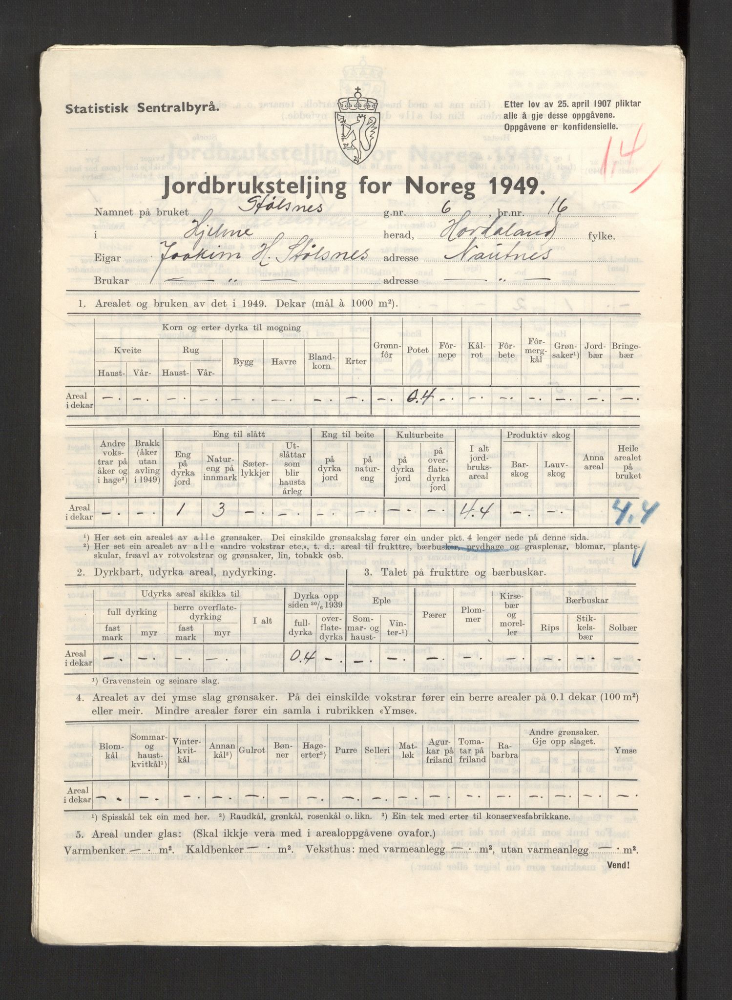 Statistisk sentralbyrå, Næringsøkonomiske emner, Jordbruk, skogbruk, jakt, fiske og fangst, AV/RA-S-2234/G/Gc/L0276: Hordaland: Herdla og Hjelme, 1949, s. 1126