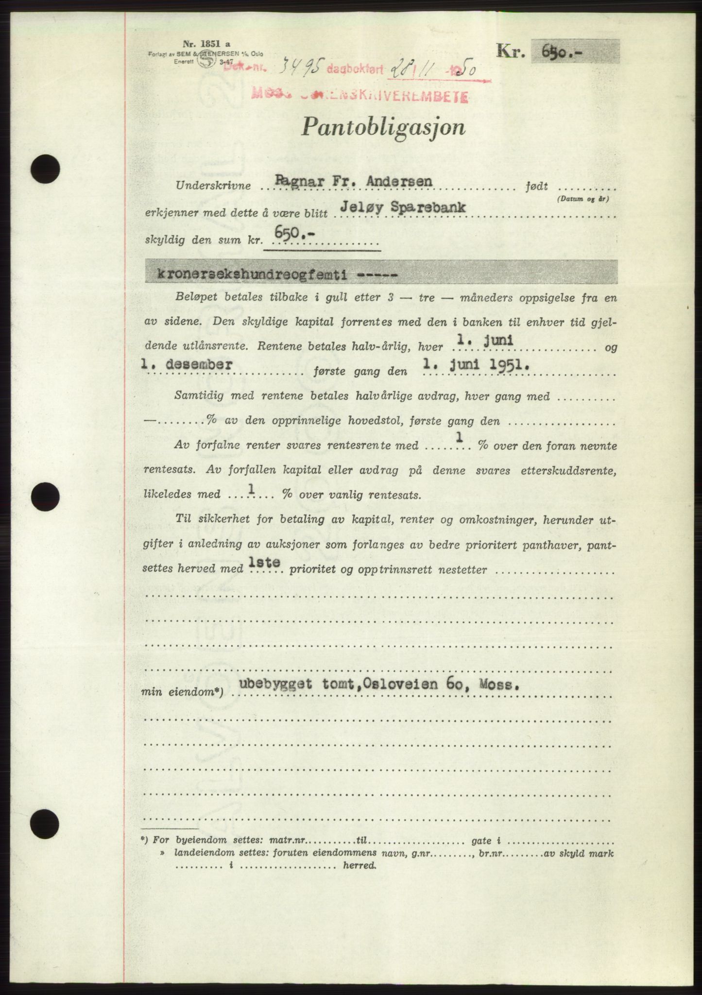 Moss sorenskriveri, SAO/A-10168: Pantebok nr. B25, 1950-1950, Dagboknr: 3495/1950