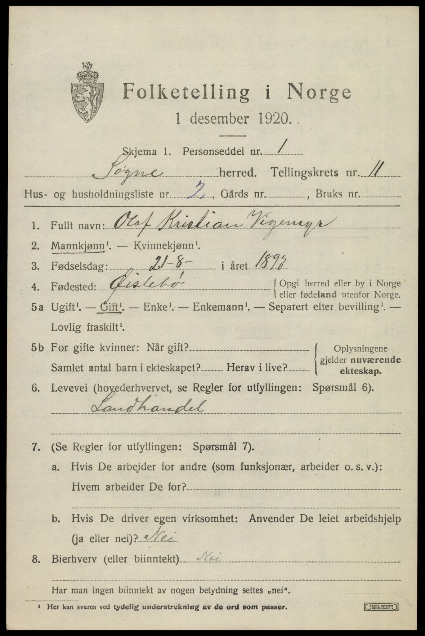 SAK, Folketelling 1920 for 1018 Søgne herred, 1920, s. 5633