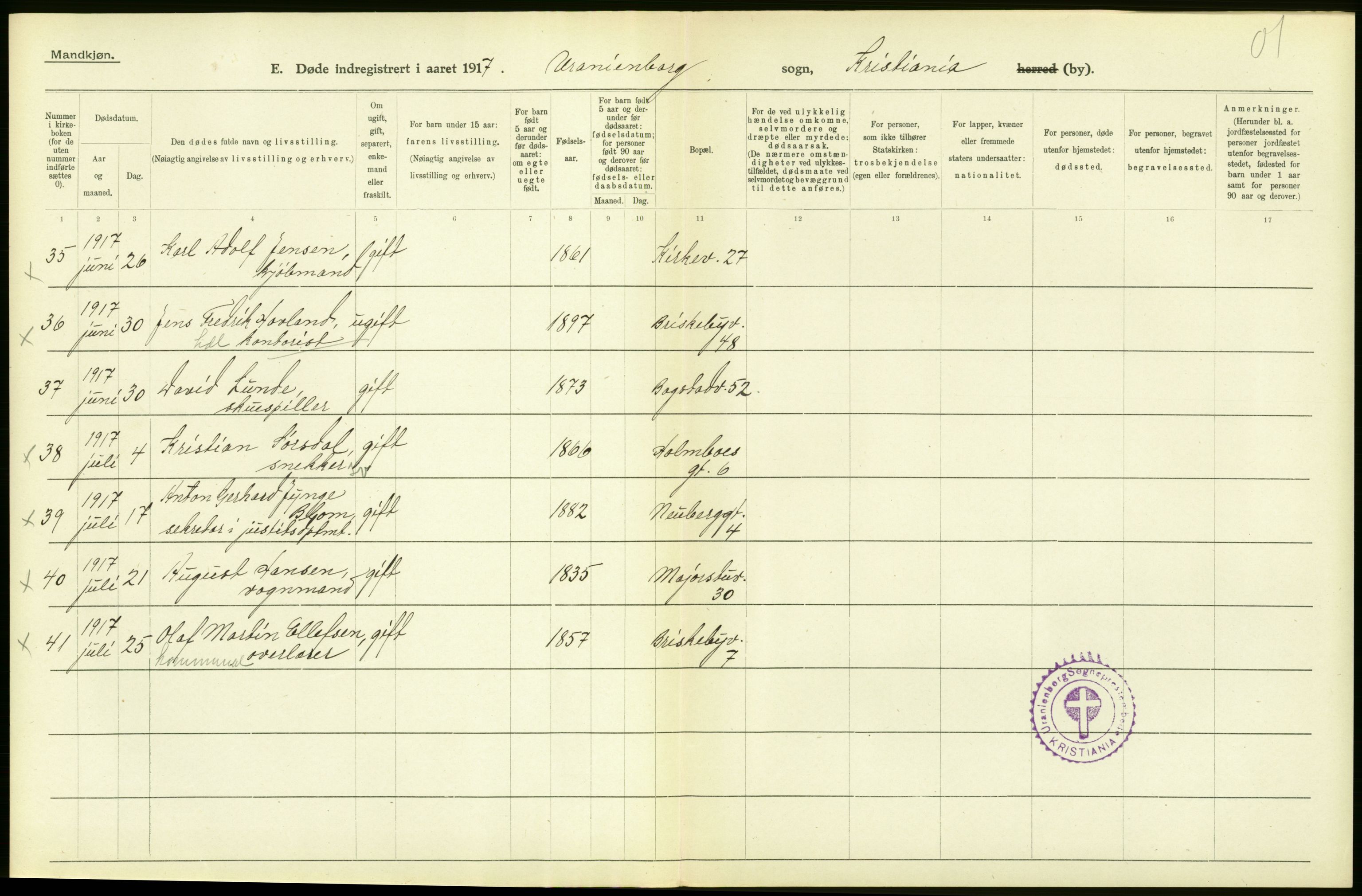 Statistisk sentralbyrå, Sosiodemografiske emner, Befolkning, AV/RA-S-2228/D/Df/Dfb/Dfbg/L0010: Kristiania: Døde, 1917, s. 448