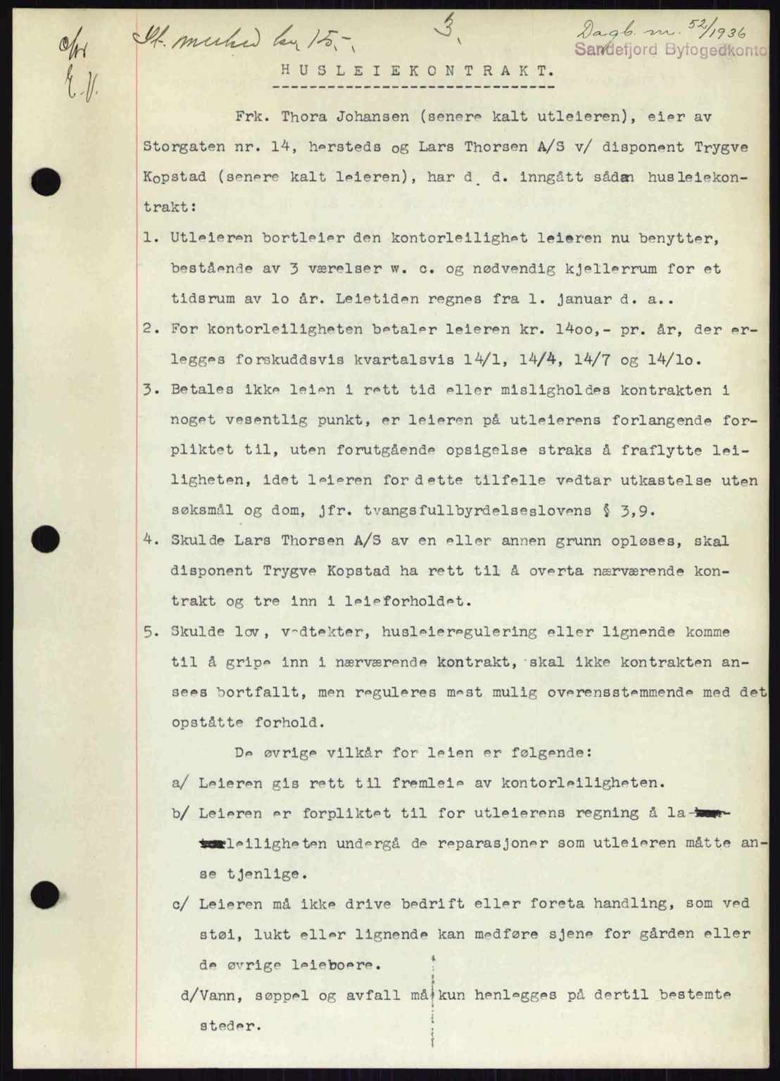 Sandar sorenskriveri, SAKO/A-86/G/Ga/Gab/L0001: Pantebok nr. B-1 og B-3 - B-9, 1936-1944, Dagboknr: 52/1936