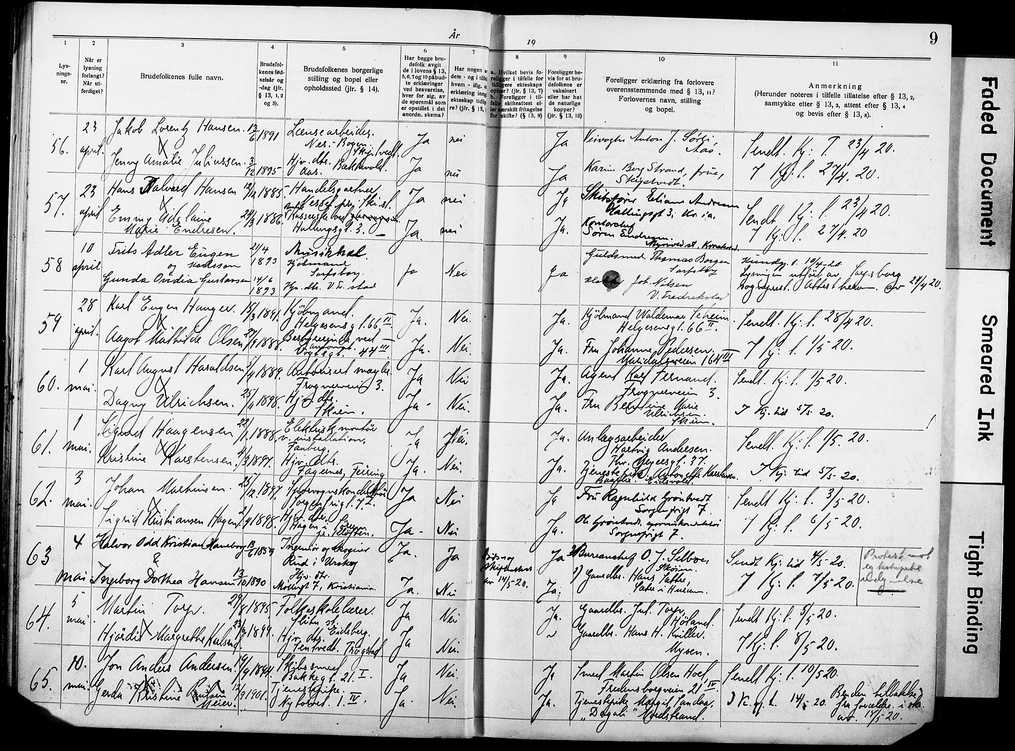 Oslo domkirke Kirkebøker, AV/SAO-A-10752/H/Ha/L0006: Lysningsprotokoll nr. 6, 1919-1928, s. 9