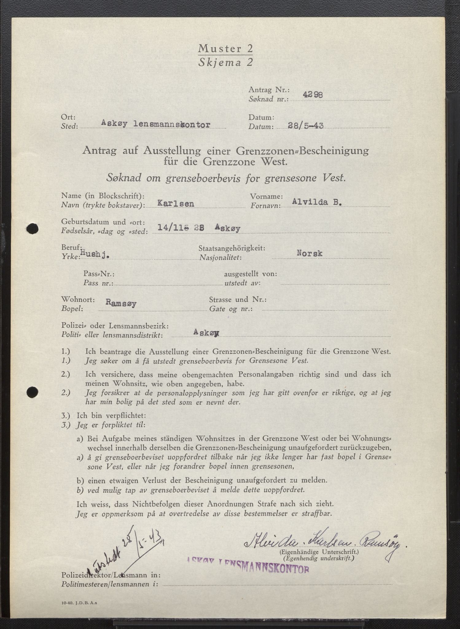 Lensmannen i Askøy, AV/SAB-A-31001/0026/L0012: Søknader om grensebuarbevis 3826 - 4350, 1942-1943, s. 539