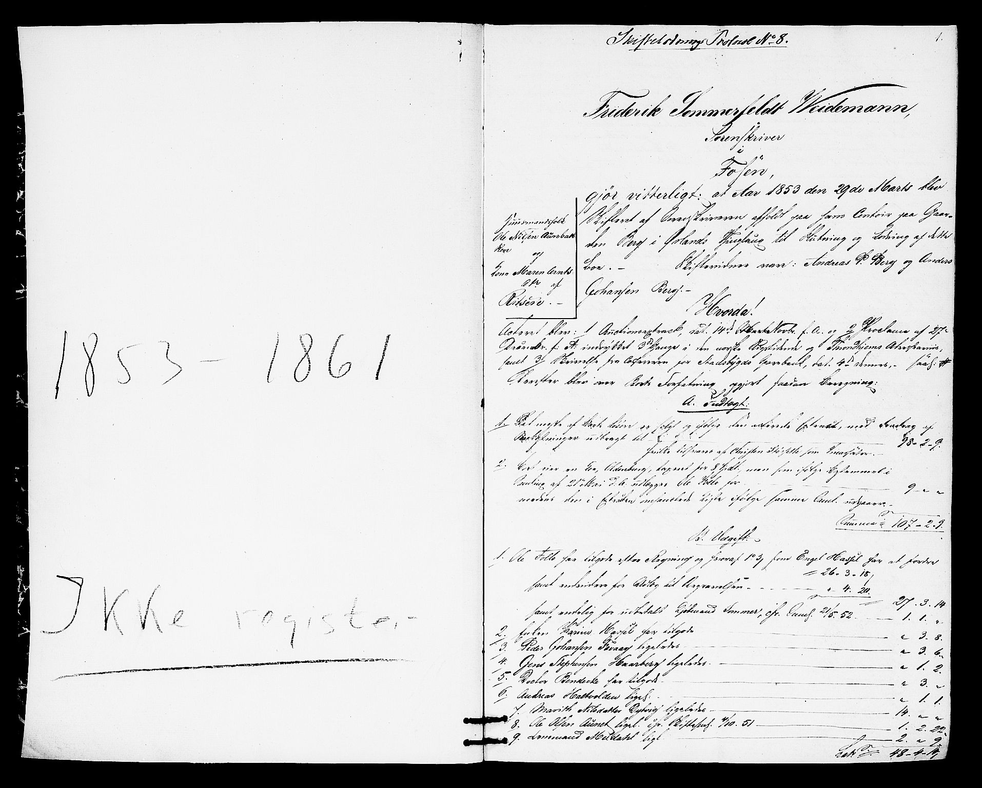 Fosen sorenskriveri, SAT/A-1107/1/3/3A/L0023: Skifteutlodnings protokoll 2, 1853-1861, s. 1