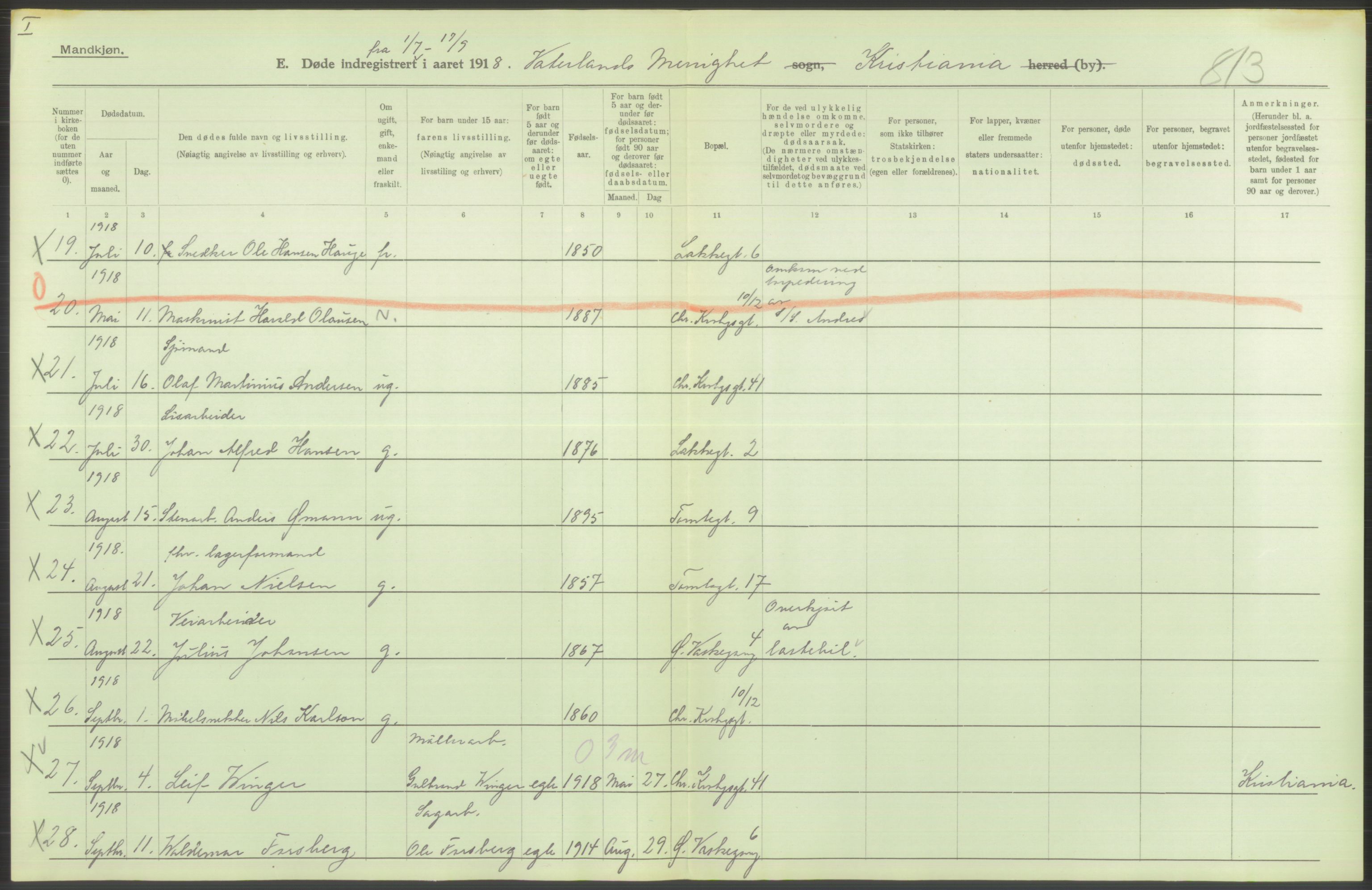 Statistisk sentralbyrå, Sosiodemografiske emner, Befolkning, AV/RA-S-2228/D/Df/Dfb/Dfbh/L0011: Kristiania: Døde, dødfødte, 1918, s. 12