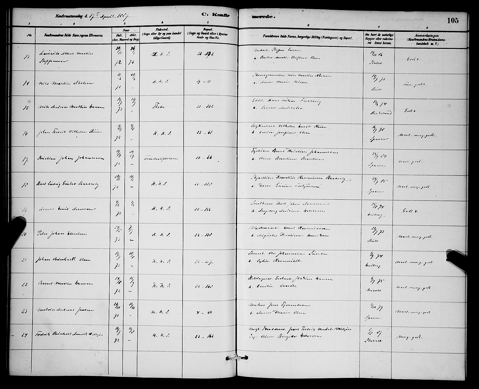 Korskirken sokneprestembete, SAB/A-76101/H/Hab: Klokkerbok nr. C 3, 1880-1892, s. 105