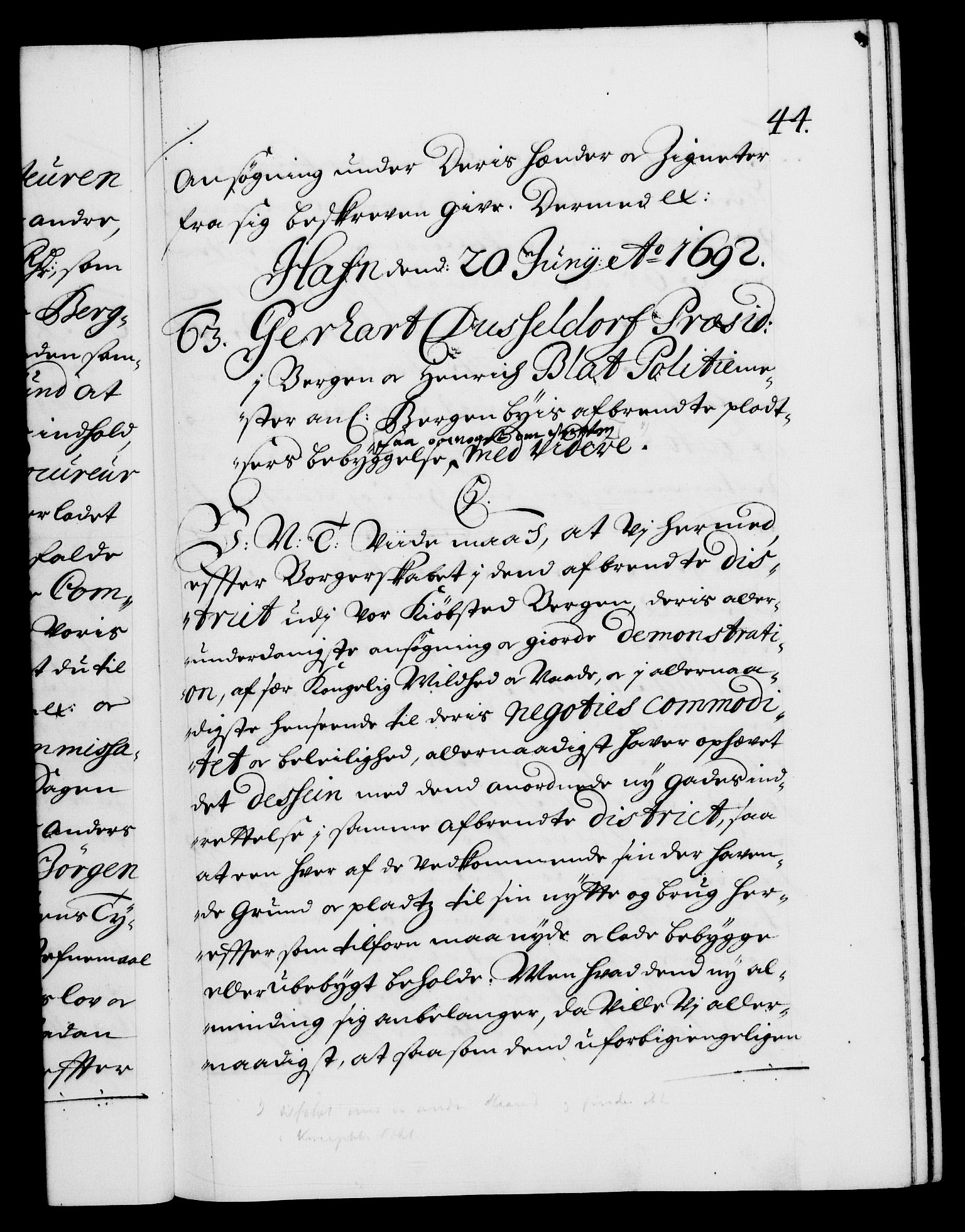 Danske Kanselli 1572-1799, AV/RA-EA-3023/F/Fc/Fca/Fcab/L0015: Norske tegnelser (mikrofilm), 1692-1699, s. 44a