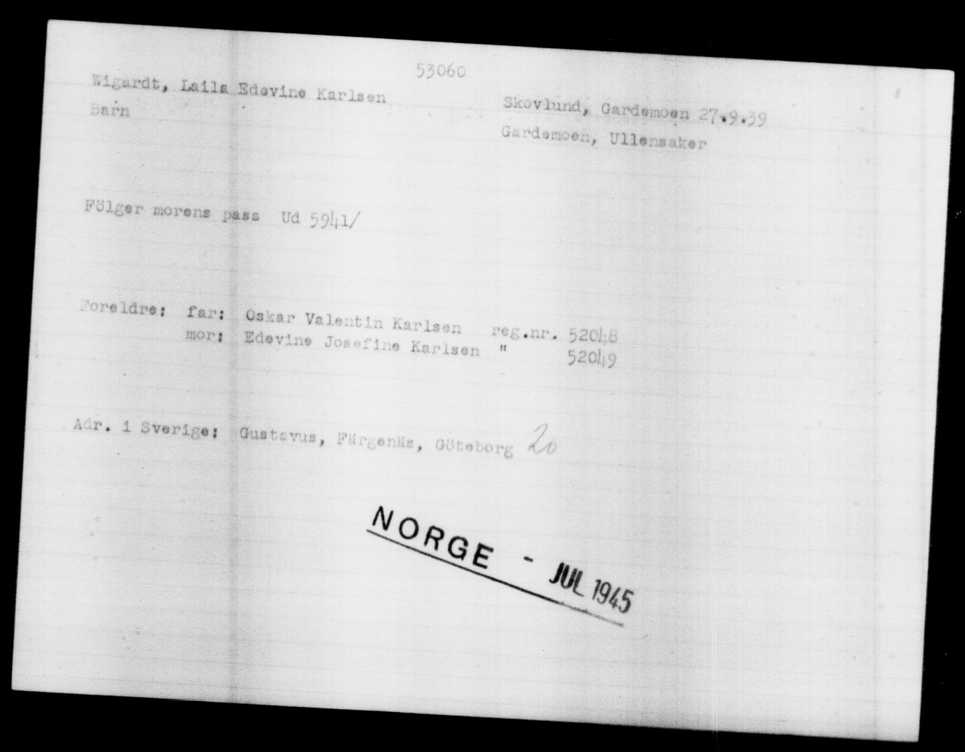 Utenriksstasjonene, Legasjonen i Stockholm, Flyktningkontoret, AV/RA-S-6753/V/Va/L0019: Kjesäterkartoteket, flyktninger med registreringsnr. 49600-55060, 1940-1945, s. 2524