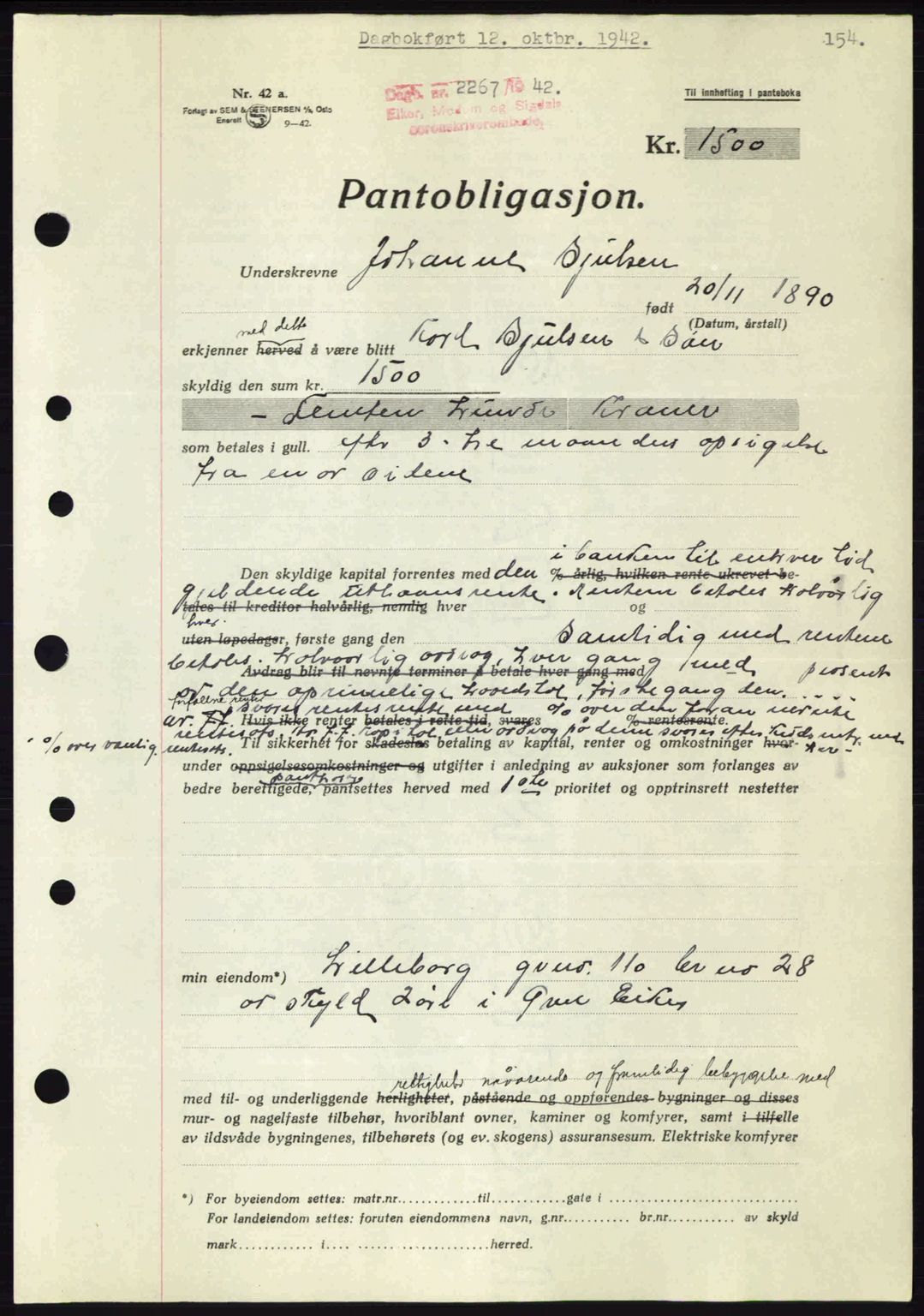 Eiker, Modum og Sigdal sorenskriveri, SAKO/A-123/G/Ga/Gab/L0047: Pantebok nr. A17, 1942-1943, Dagboknr: 2267/1942