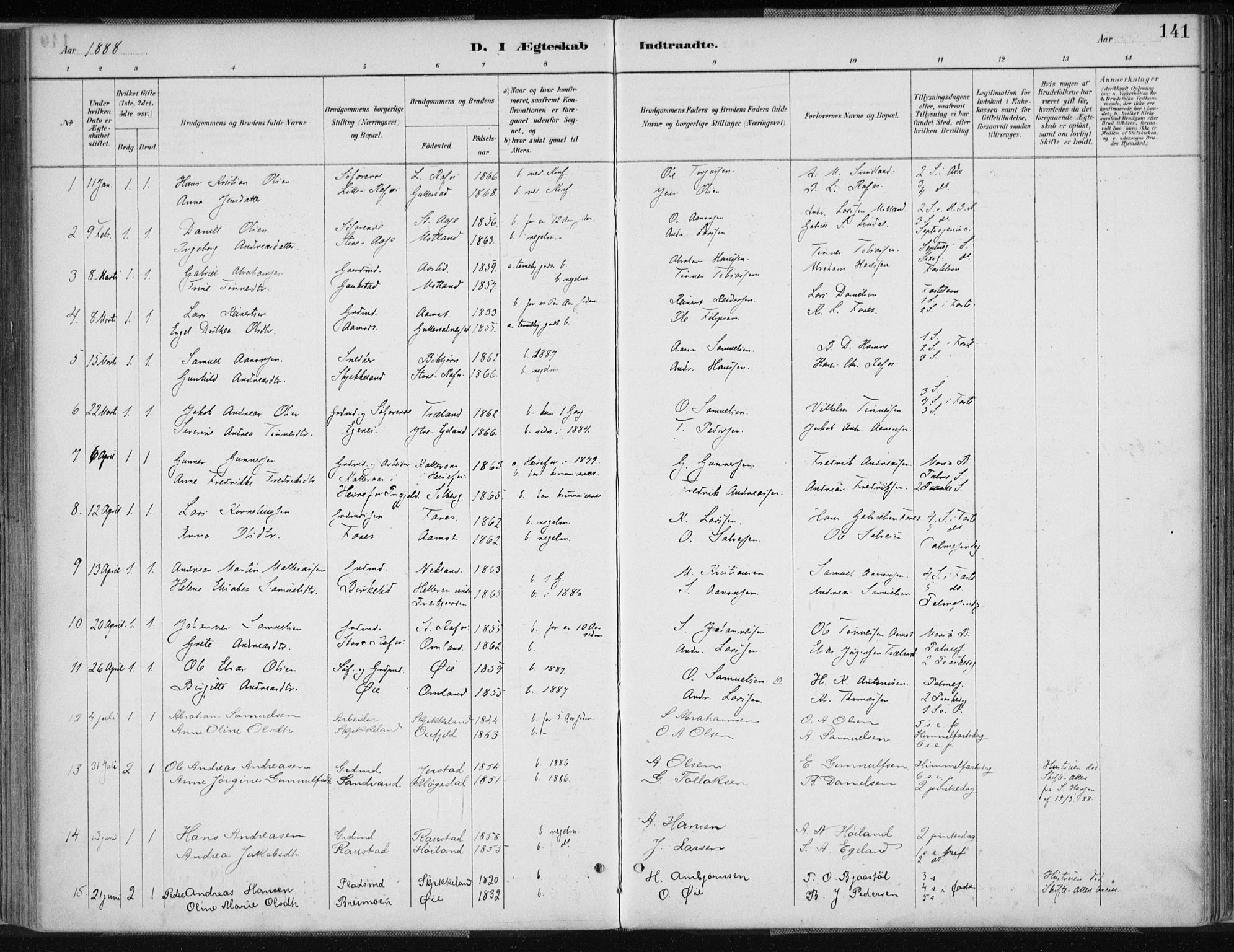 Kvinesdal sokneprestkontor, SAK/1111-0026/F/Fa/Fab/L0008: Ministerialbok nr. A 8, 1886-1897, s. 141