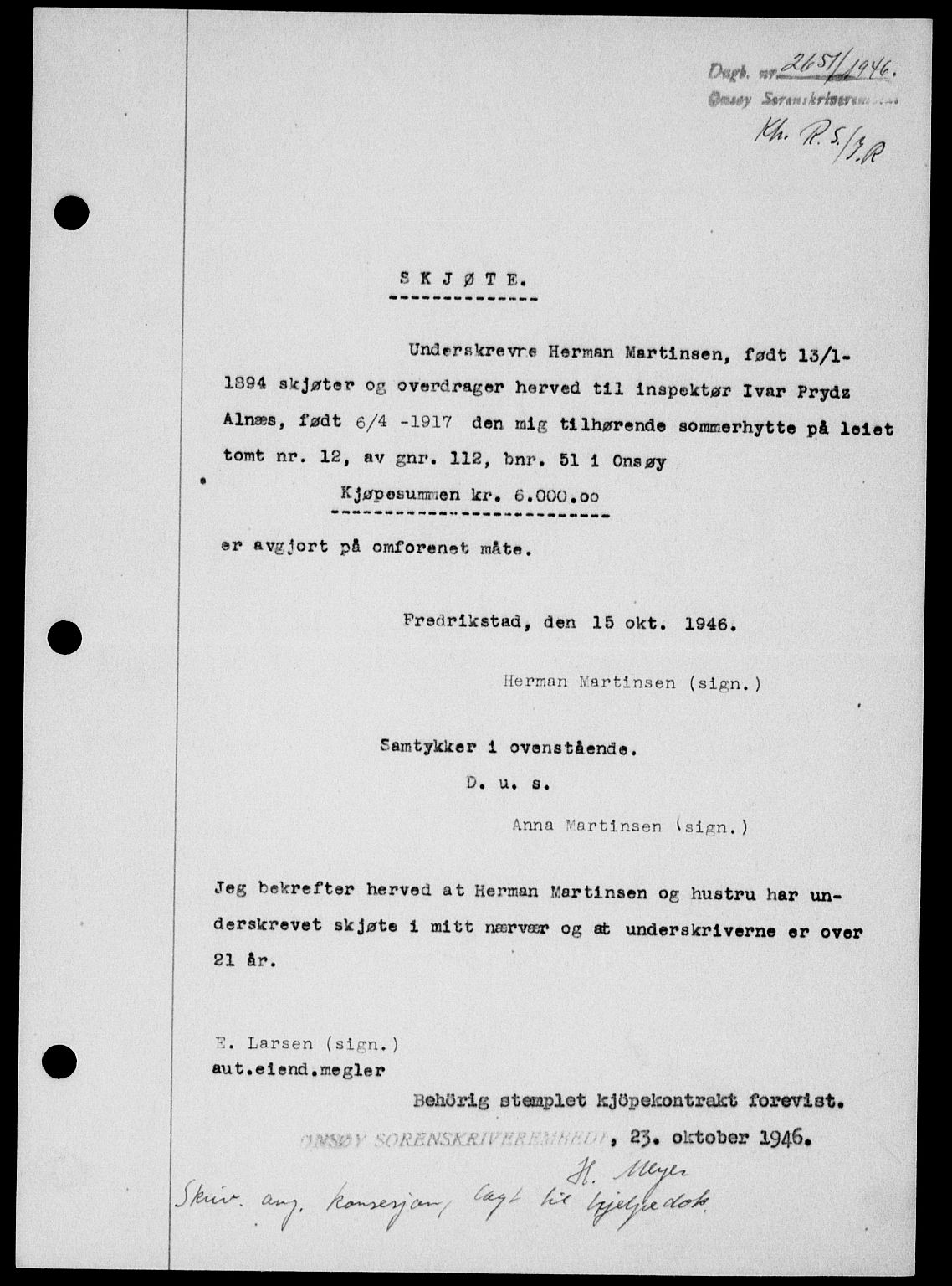 Onsøy sorenskriveri, SAO/A-10474/G/Ga/Gab/L0017: Pantebok nr. II A-17, 1946-1946, Dagboknr: 2651/1946