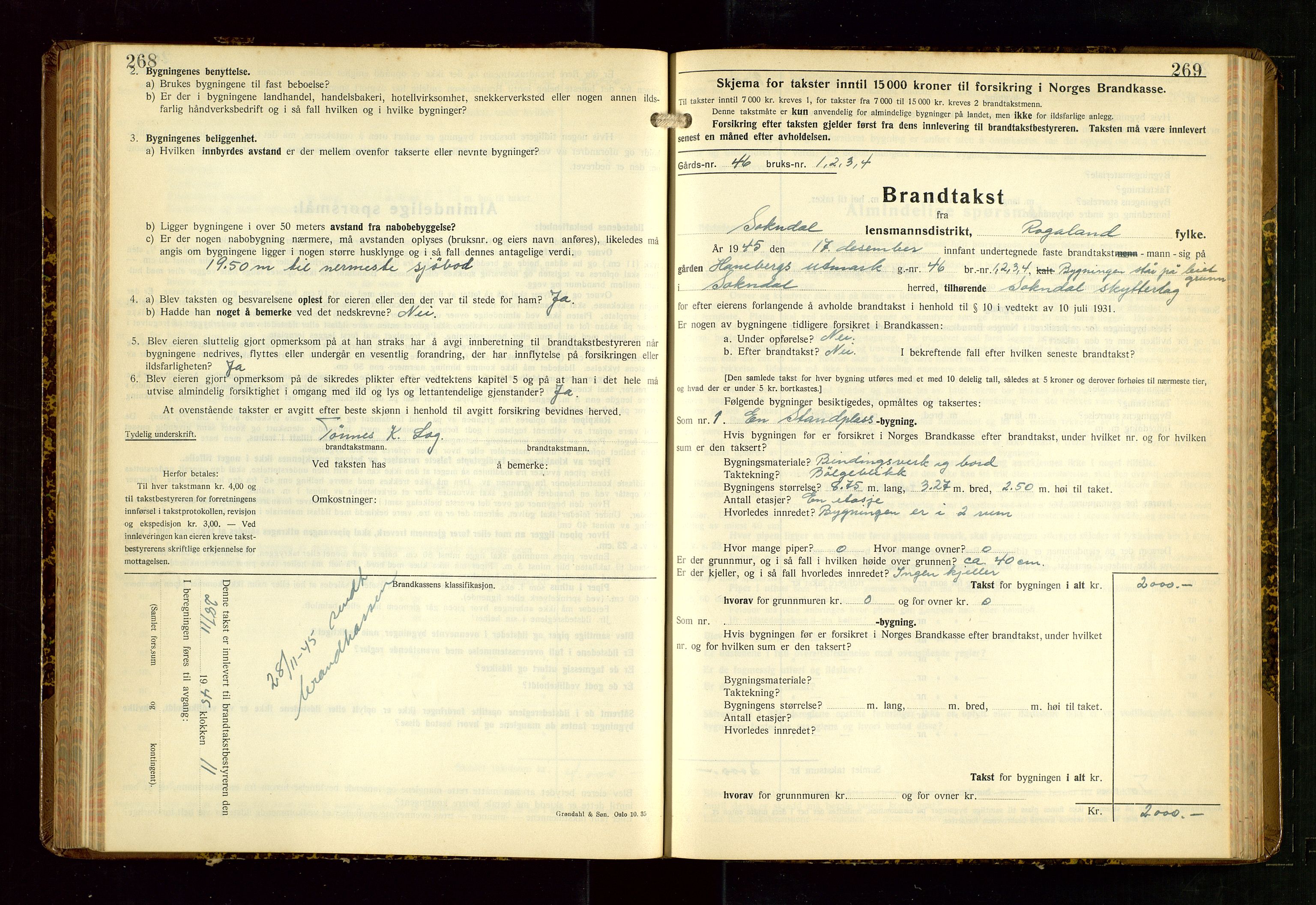 Sokndal lensmannskontor, AV/SAST-A-100417/Gob/L0008: "Brandtakst-Protokoll", 1937-1955, s. 268-269