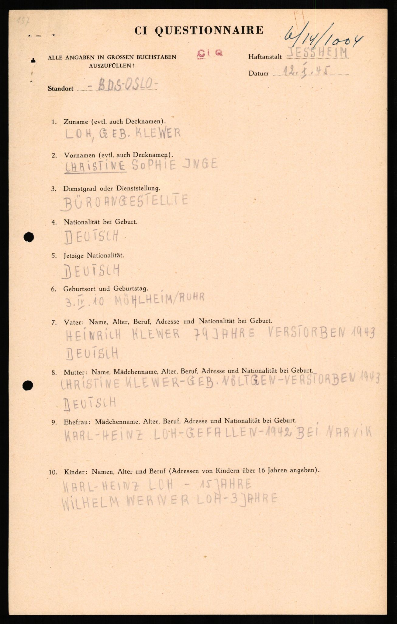 Forsvaret, Forsvarets overkommando II, AV/RA-RAFA-3915/D/Db/L0020: CI Questionaires. Tyske okkupasjonsstyrker i Norge. Tyskere., 1945-1946, s. 279