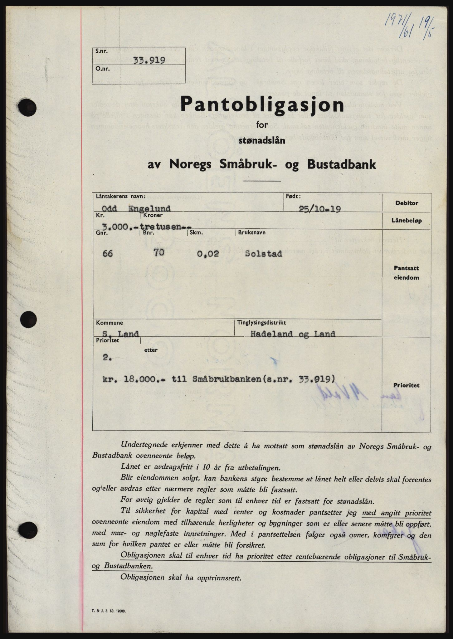 Hadeland og Land tingrett, SAH/TING-010/H/Hb/Hbc/L0046: Pantebok nr. B46, 1961-1961, Dagboknr: 1971/1961