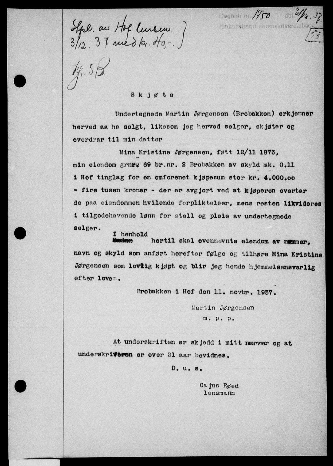 Holmestrand sorenskriveri, SAKO/A-67/G/Ga/Gaa/L0049: Pantebok nr. A-49, 1937-1938, Dagboknr: 1750/1937