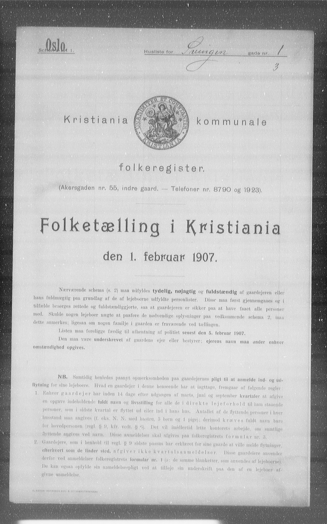 OBA, Kommunal folketelling 1.2.1907 for Kristiania kjøpstad, 1907, s. 53985