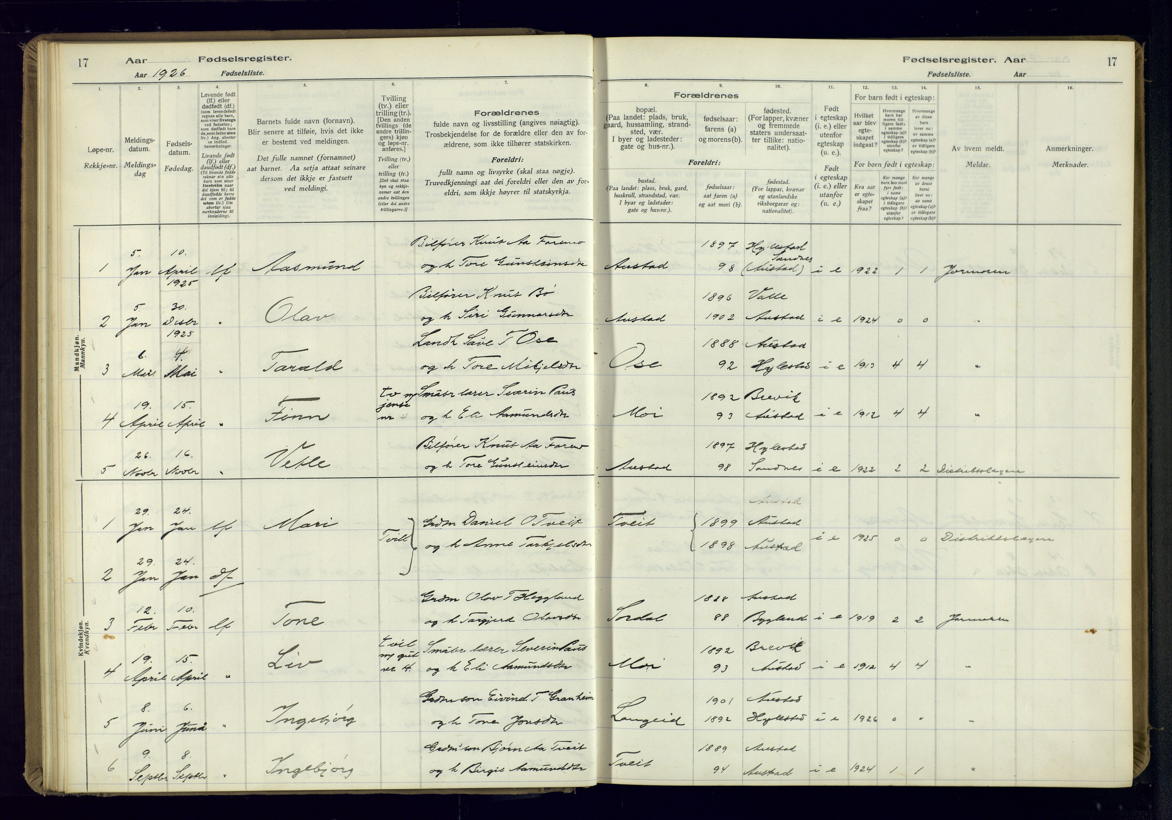 Bygland sokneprestkontor, SAK/1111-0006/J/Ja/L0002: Fødselsregister nr. II.4.3, 1916-1982, s. 17