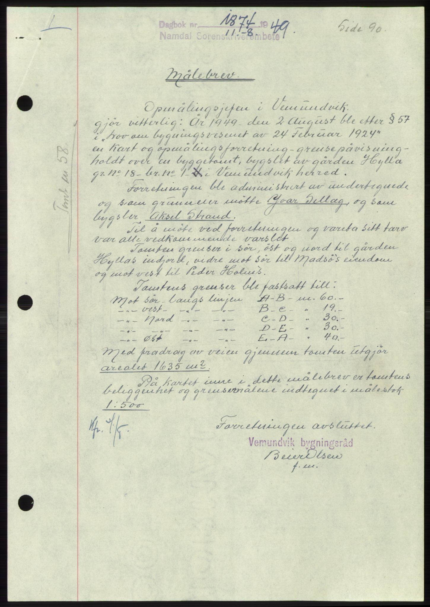 Namdal sorenskriveri, SAT/A-4133/1/2/2C: Pantebok nr. -, 1949-1949, Dagboknr: 1874/1949