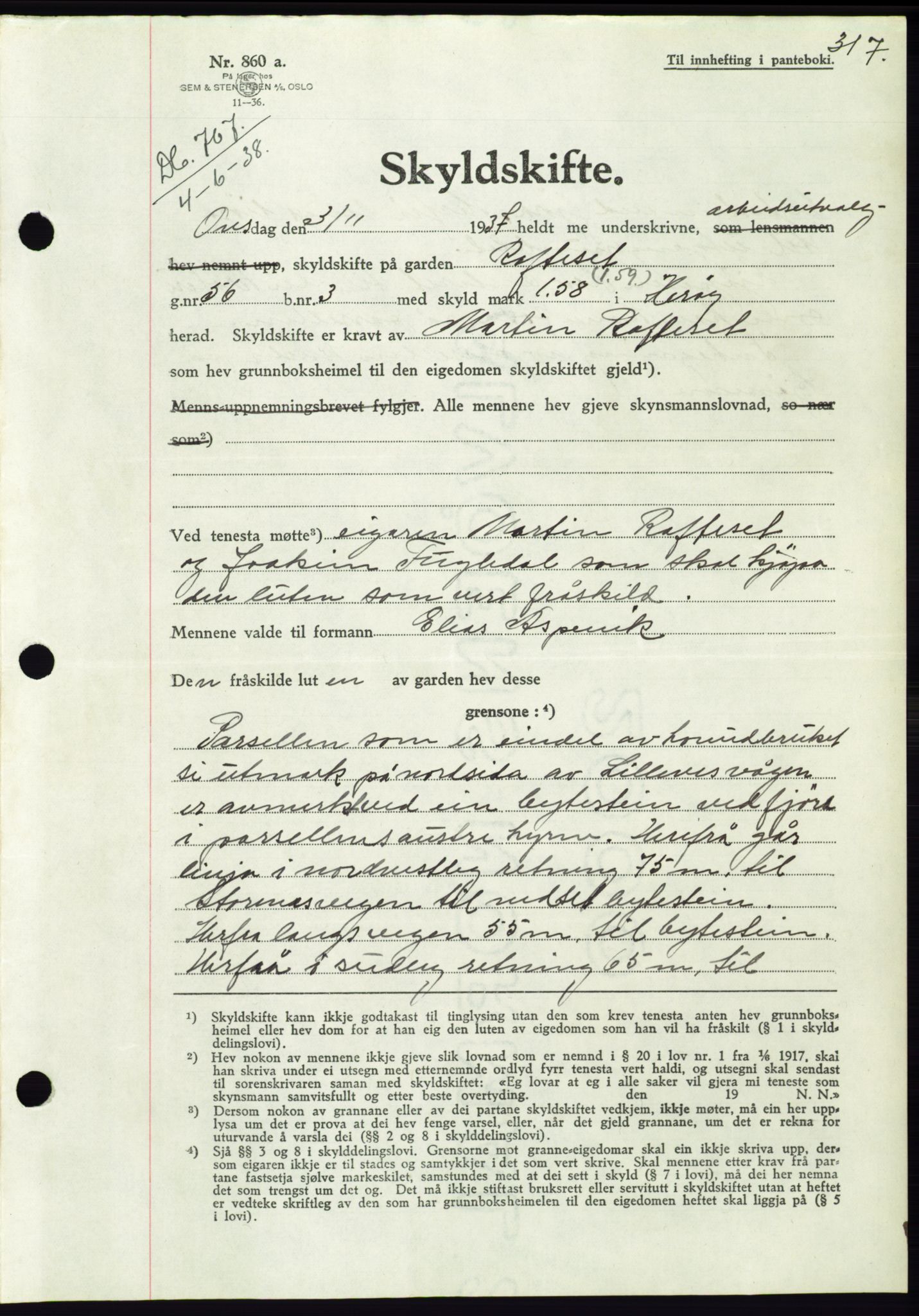 Søre Sunnmøre sorenskriveri, AV/SAT-A-4122/1/2/2C/L0065: Pantebok nr. 59, 1938-1938, Dagboknr: 767/1938