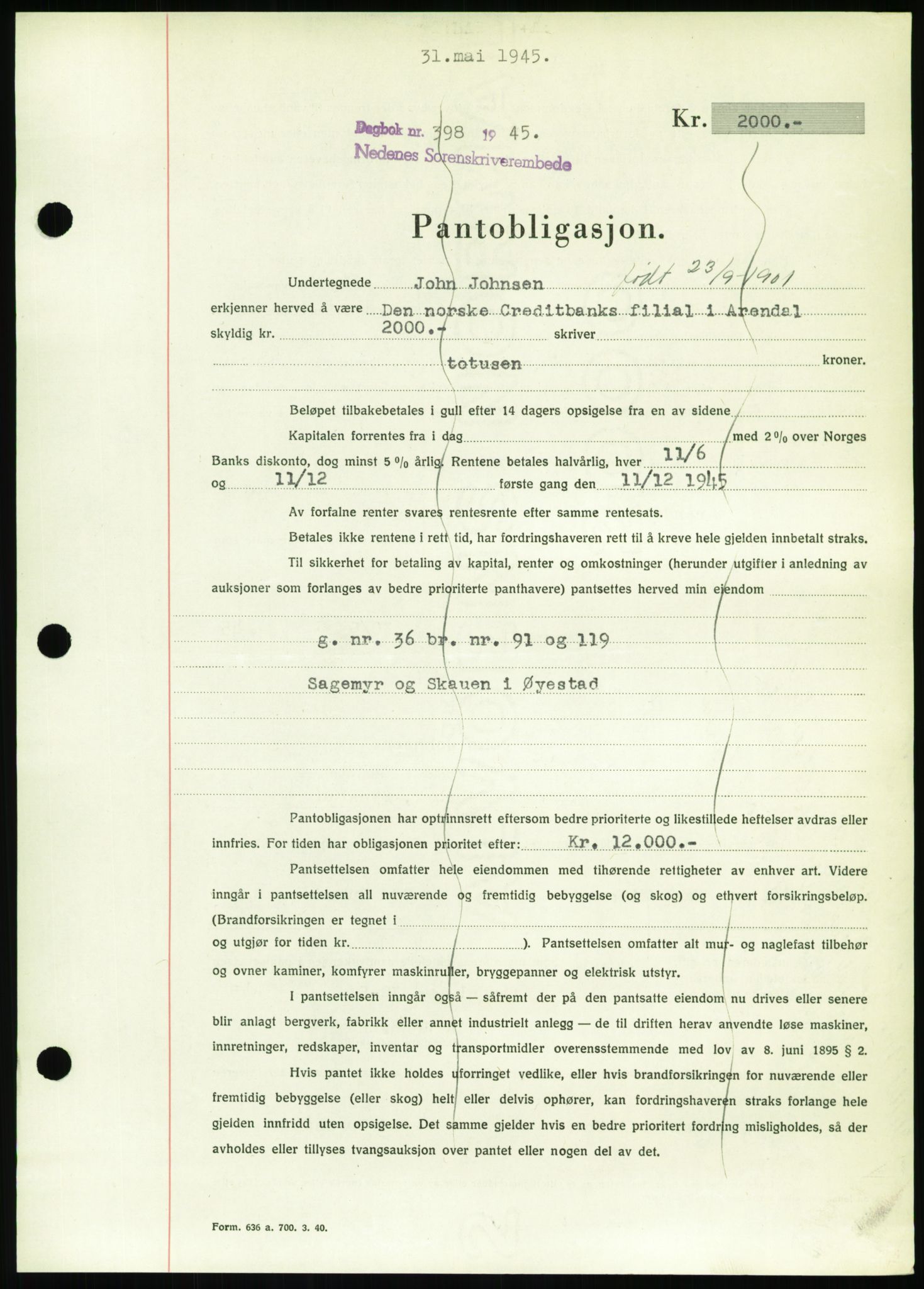 Nedenes sorenskriveri, SAK/1221-0006/G/Gb/Gbb/L0002: Pantebok nr. II, 1942-1945, Dagboknr: 398/1945