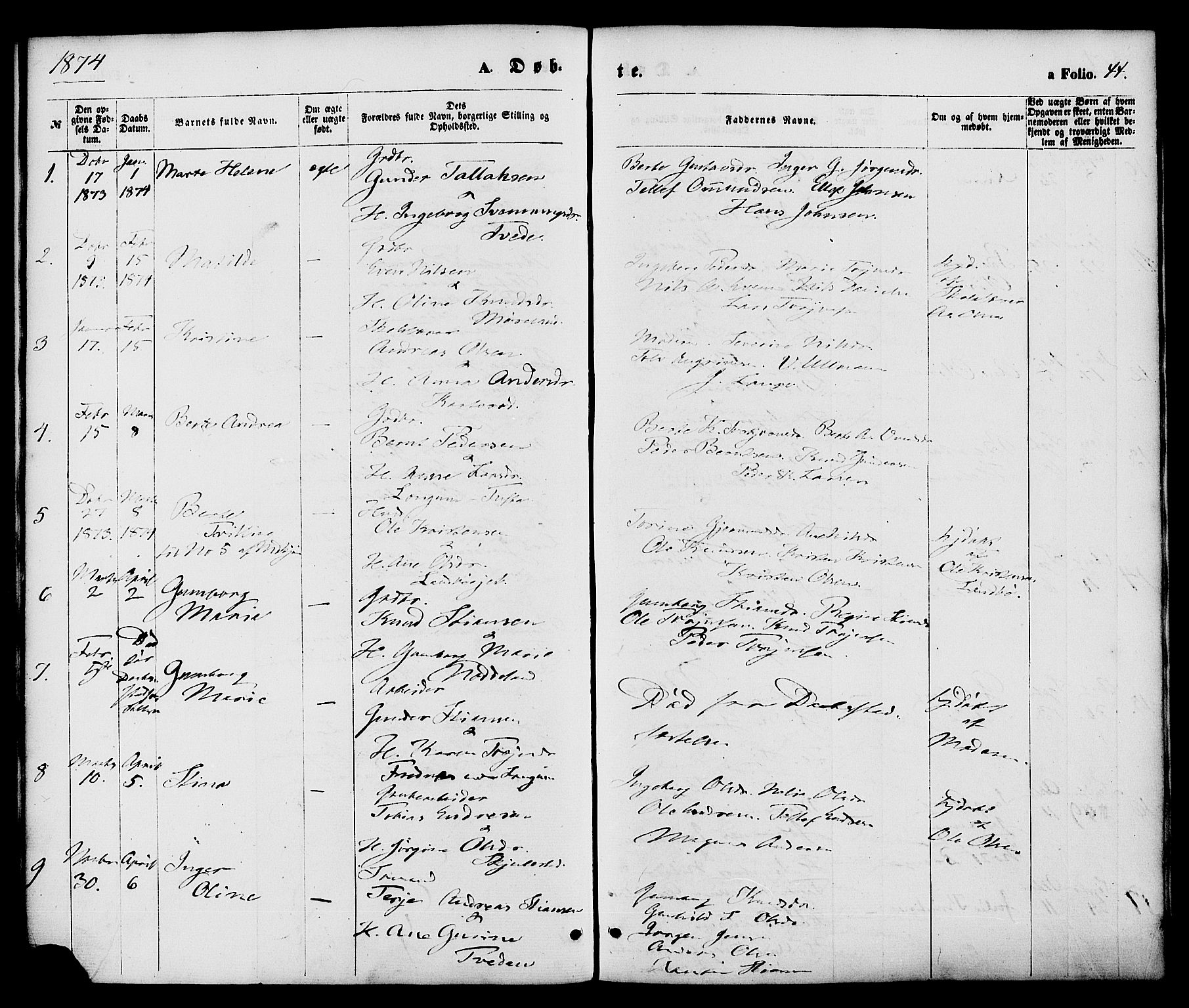 Austre Moland sokneprestkontor, SAK/1111-0001/F/Fa/Faa/L0009: Ministerialbok nr. A 9, 1869-1879, s. 44
