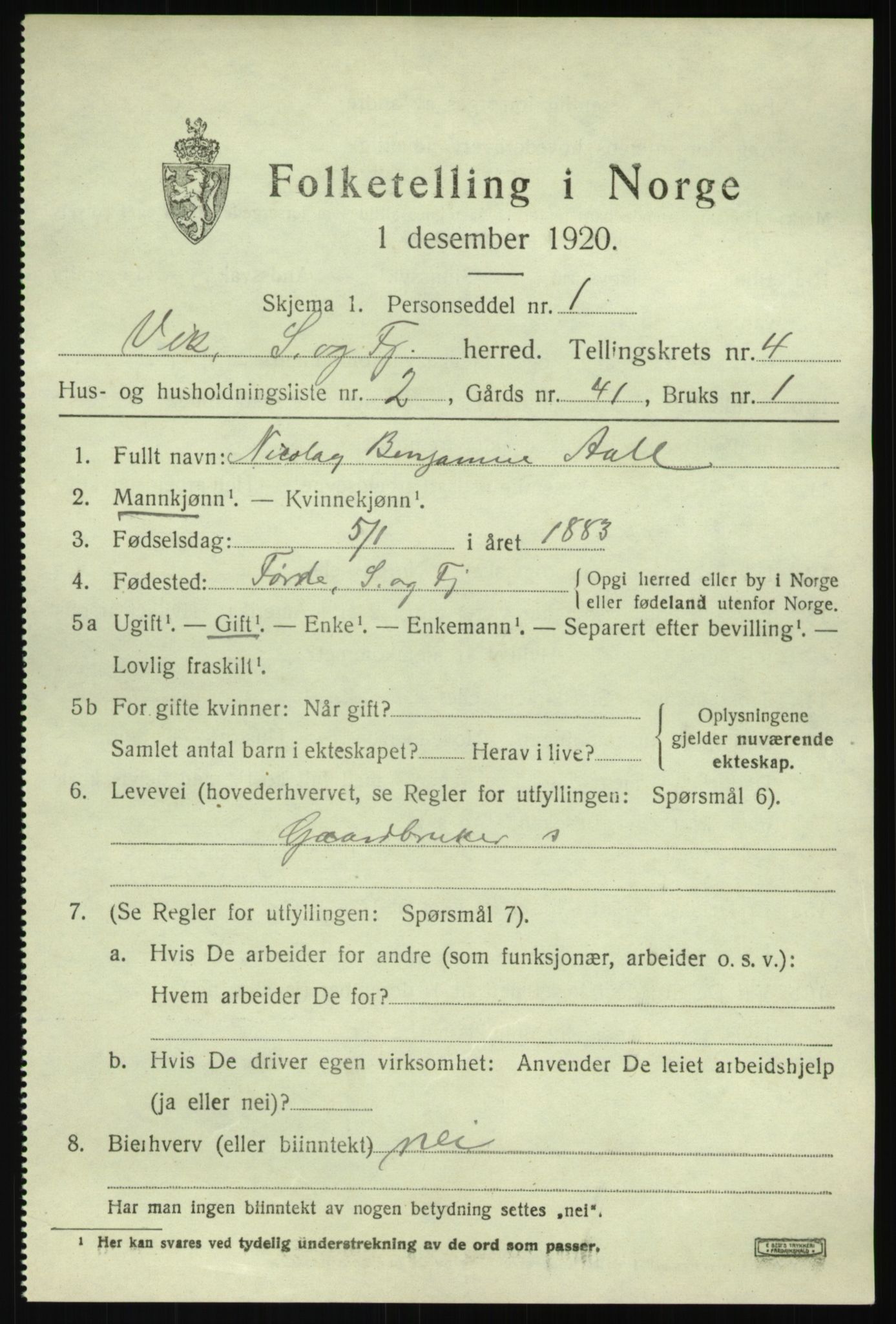 SAB, Folketelling 1920 for 1417 Vik herred, 1920, s. 3233