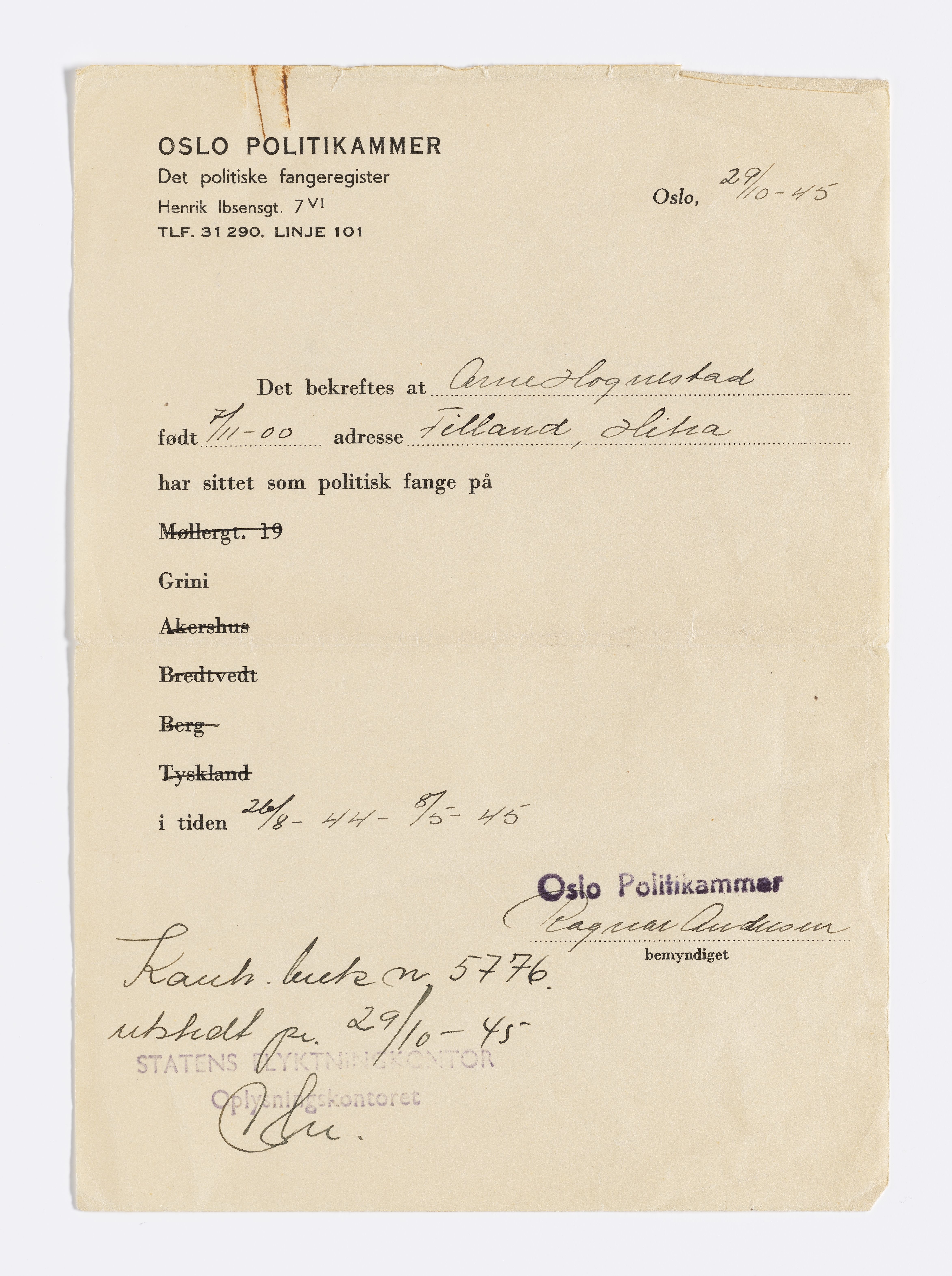 Arne og Randi Hognestad, AFM/GRI-1030/D/Da/L0001/0007: Brev og dokumenter / Bekreftelse, 1945