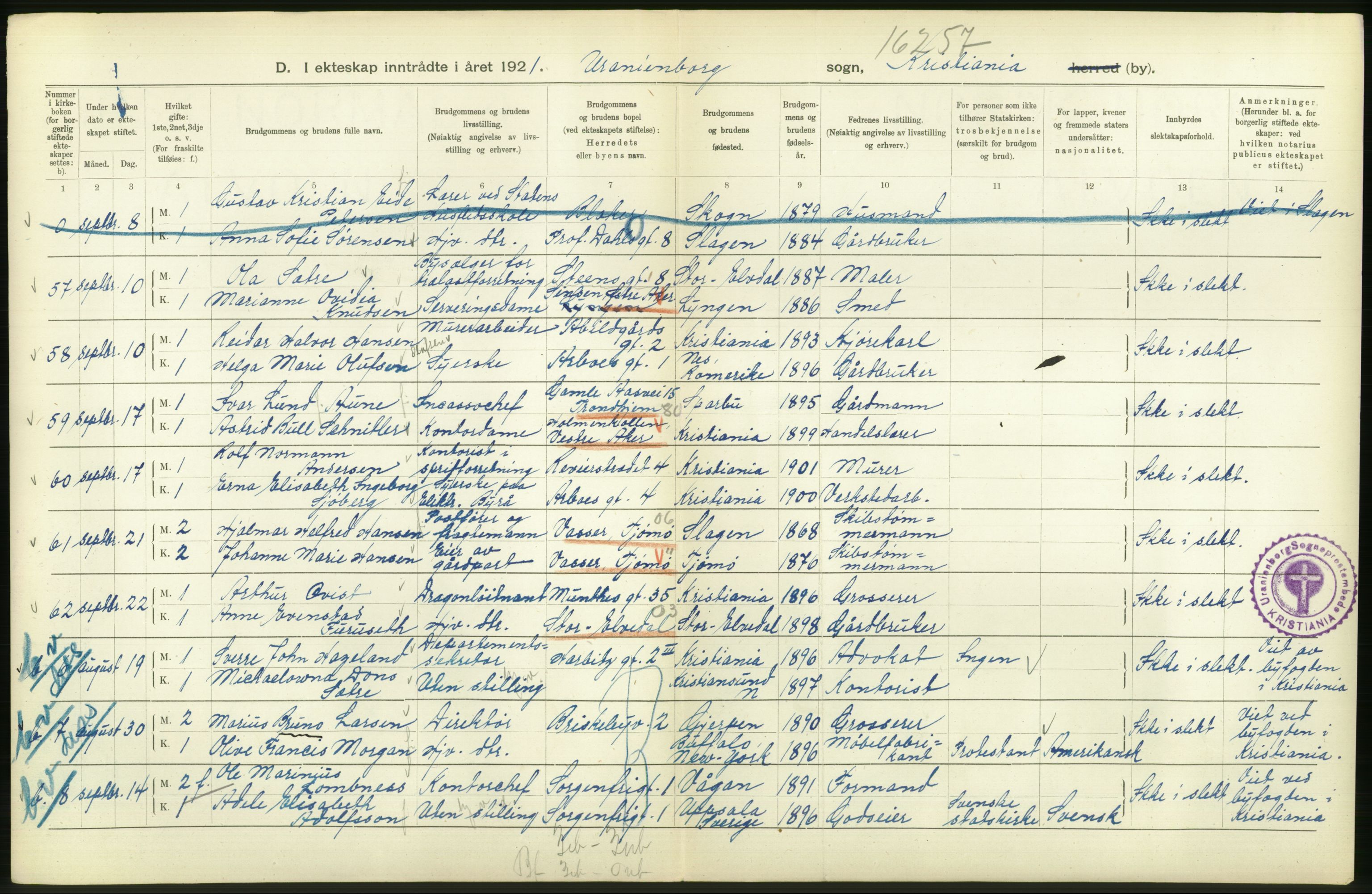 Statistisk sentralbyrå, Sosiodemografiske emner, Befolkning, AV/RA-S-2228/D/Df/Dfc/Dfca/L0011: Kristiania: Gifte, 1921, s. 240