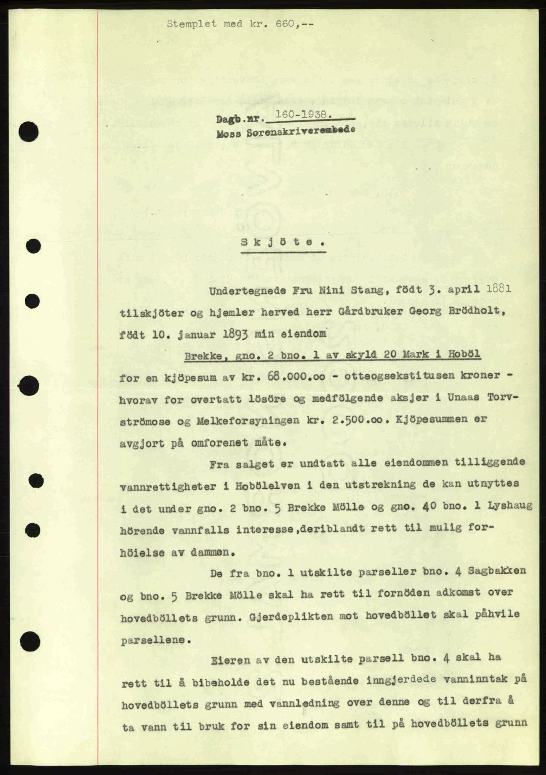 Moss sorenskriveri, SAO/A-10168: Pantebok nr. A3, 1937-1938, Dagboknr: 160/1938