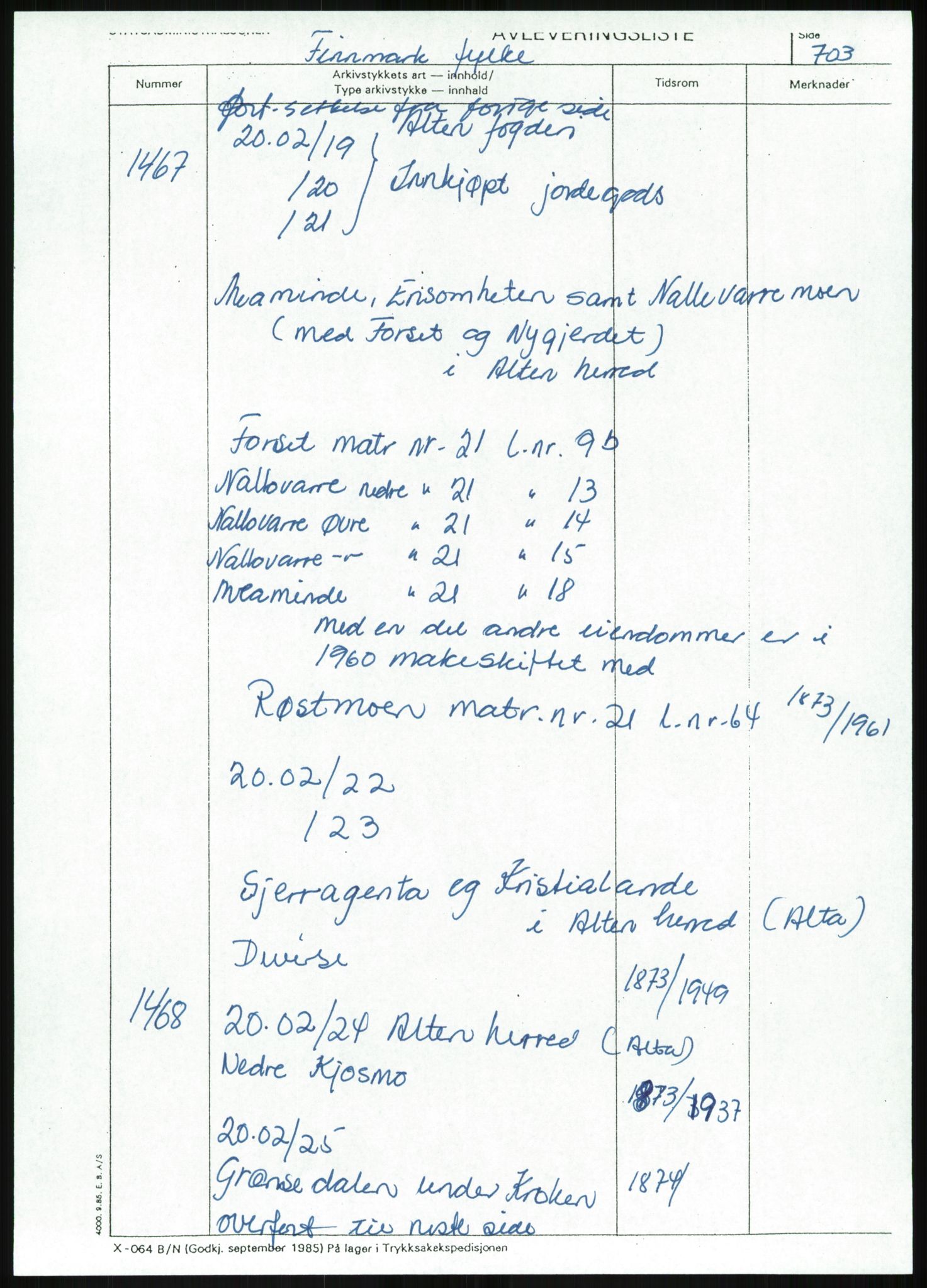 Direktoratet for statens skoger, RA/S-1600/2/E/Eg/L0003: Arkivliste for 10.11-serien. Nord-Trøndelag til Finnmark fylke. Mappenr. 926 - 1505, 1957-1992, s. 515