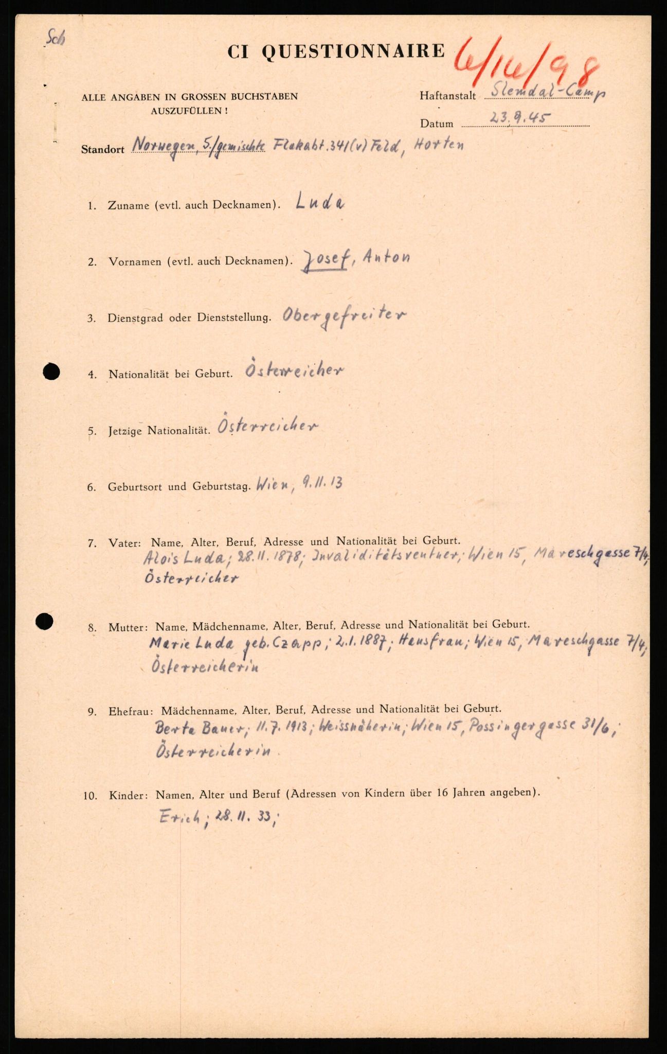 Forsvaret, Forsvarets overkommando II, AV/RA-RAFA-3915/D/Db/L0039: CI Questionaires. Tyske okkupasjonsstyrker i Norge. Østerrikere., 1945-1946, s. 340