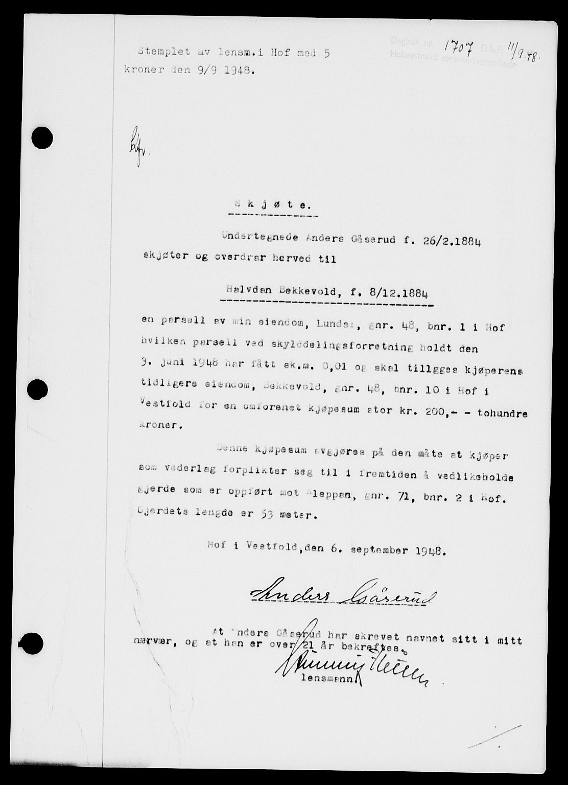 Holmestrand sorenskriveri, SAKO/A-67/G/Ga/Gaa/L0064: Pantebok nr. A-64, 1948-1948, Dagboknr: 1707/1948