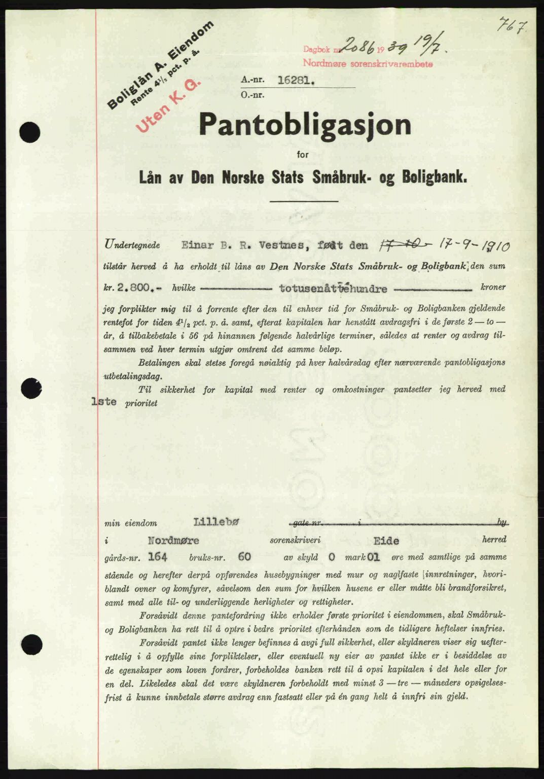 Nordmøre sorenskriveri, AV/SAT-A-4132/1/2/2Ca: Pantebok nr. B85, 1939-1939, Dagboknr: 2085/1939