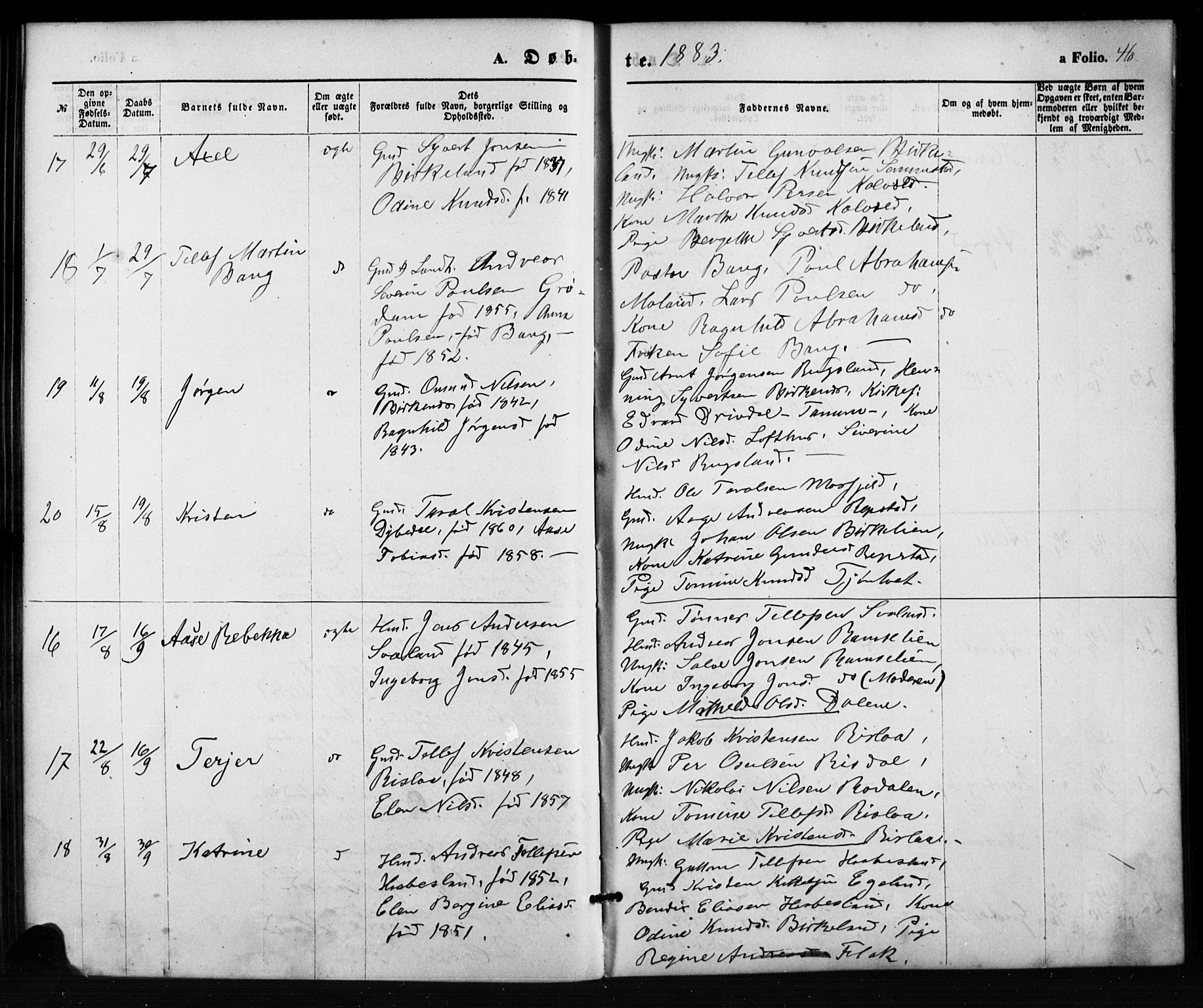 Birkenes sokneprestkontor, AV/SAK-1111-0004/F/Fb/L0003: Klokkerbok nr. B 3, 1876-1892, s. 46