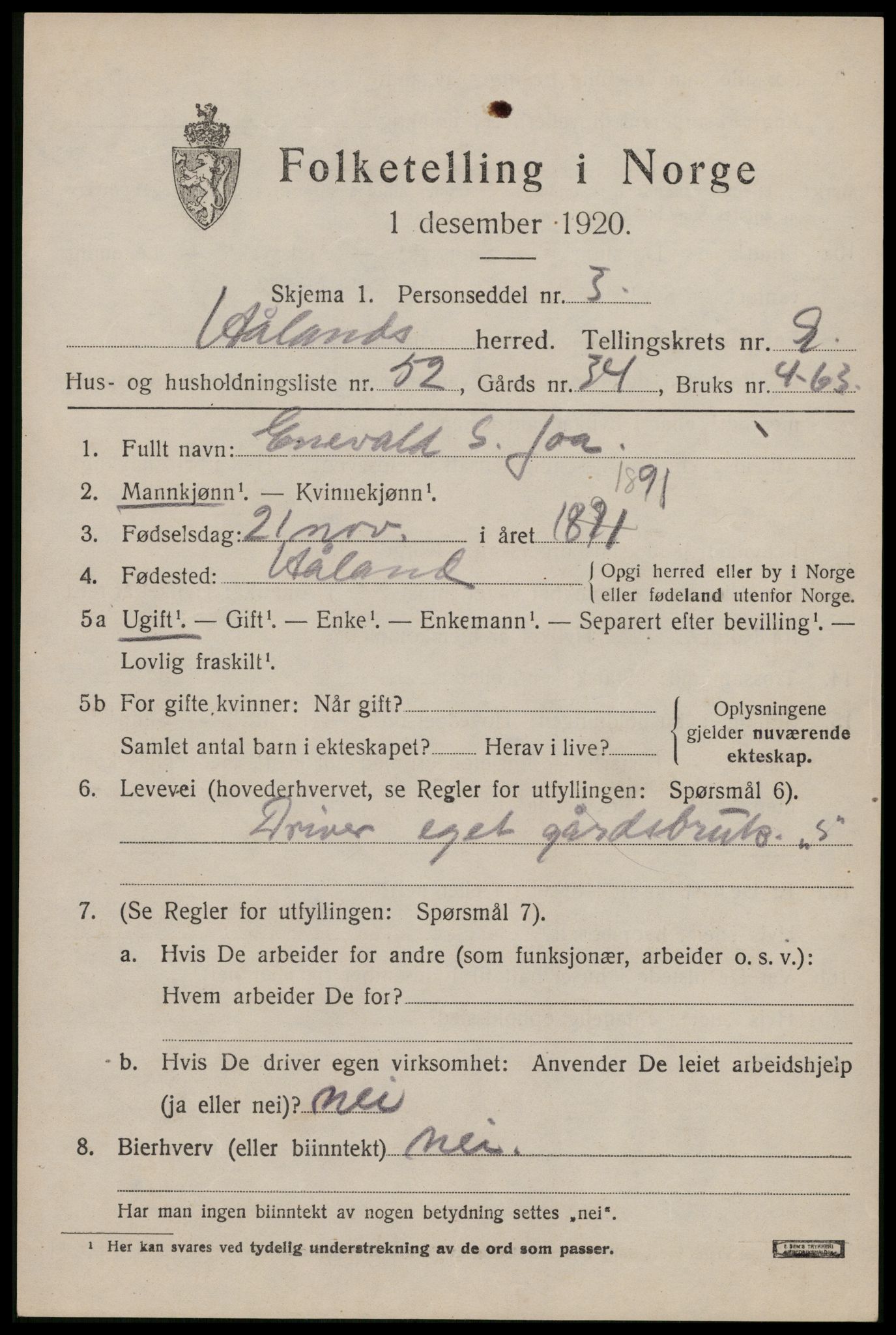 SAST, Folketelling 1920 for 1124 Håland herred, 1920, s. 7497