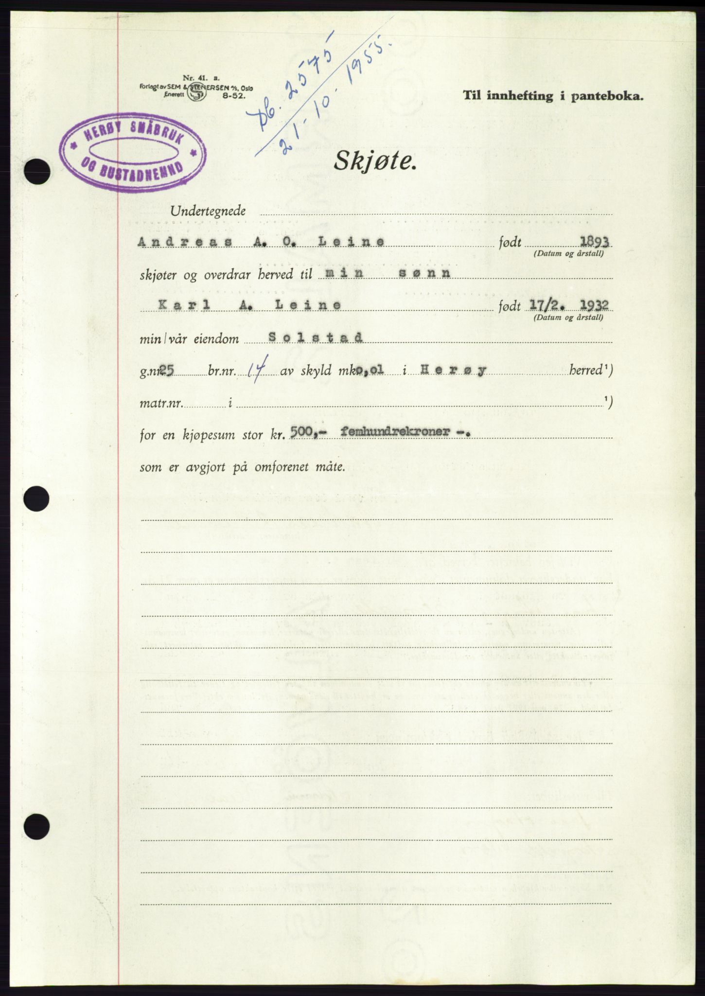 Søre Sunnmøre sorenskriveri, AV/SAT-A-4122/1/2/2C/L0102: Pantebok nr. 28A, 1955-1956, Dagboknr: 2575/1955