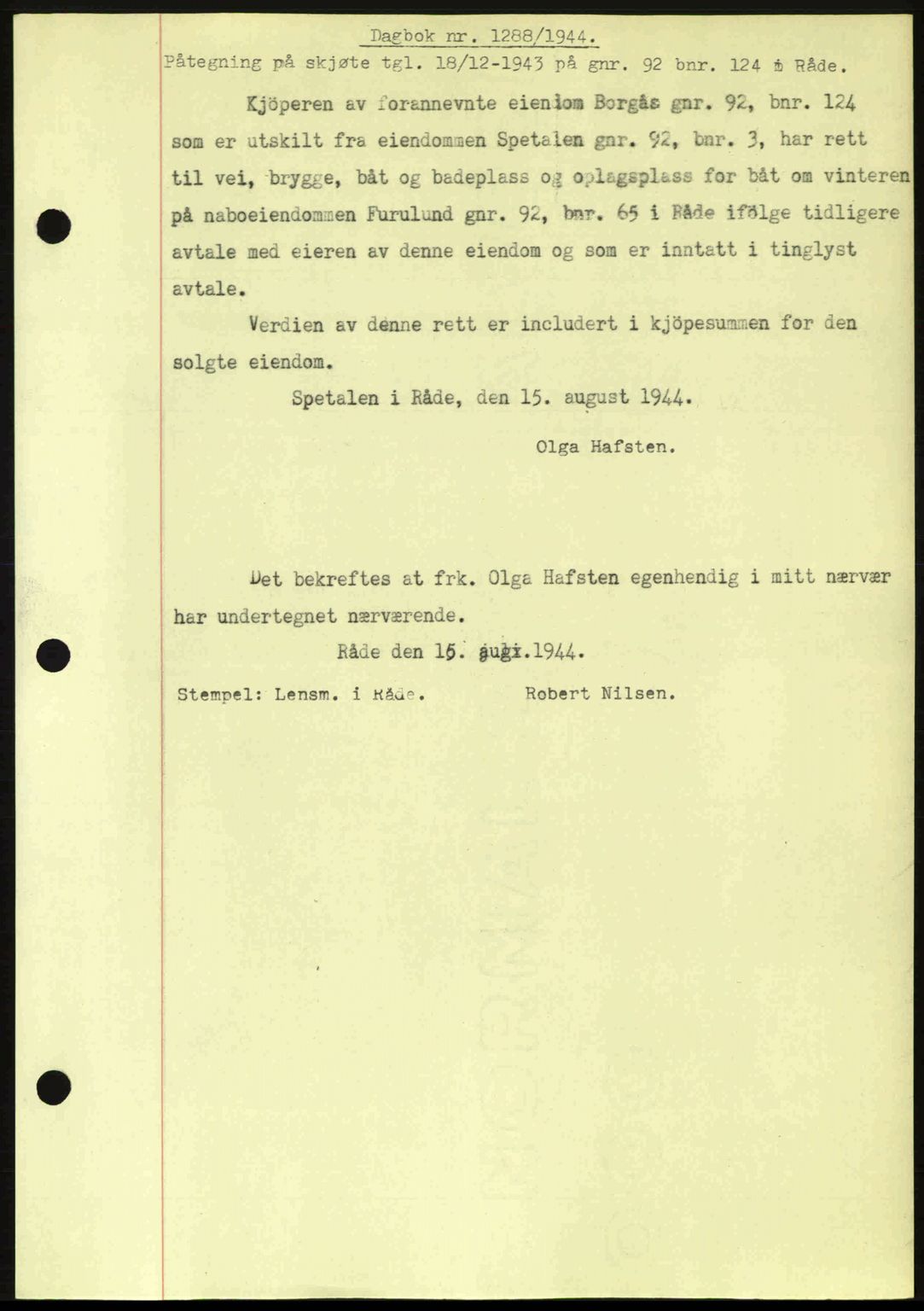 Moss sorenskriveri, SAO/A-10168: Pantebok nr. A12, 1943-1944, Dagboknr: 1288/1944