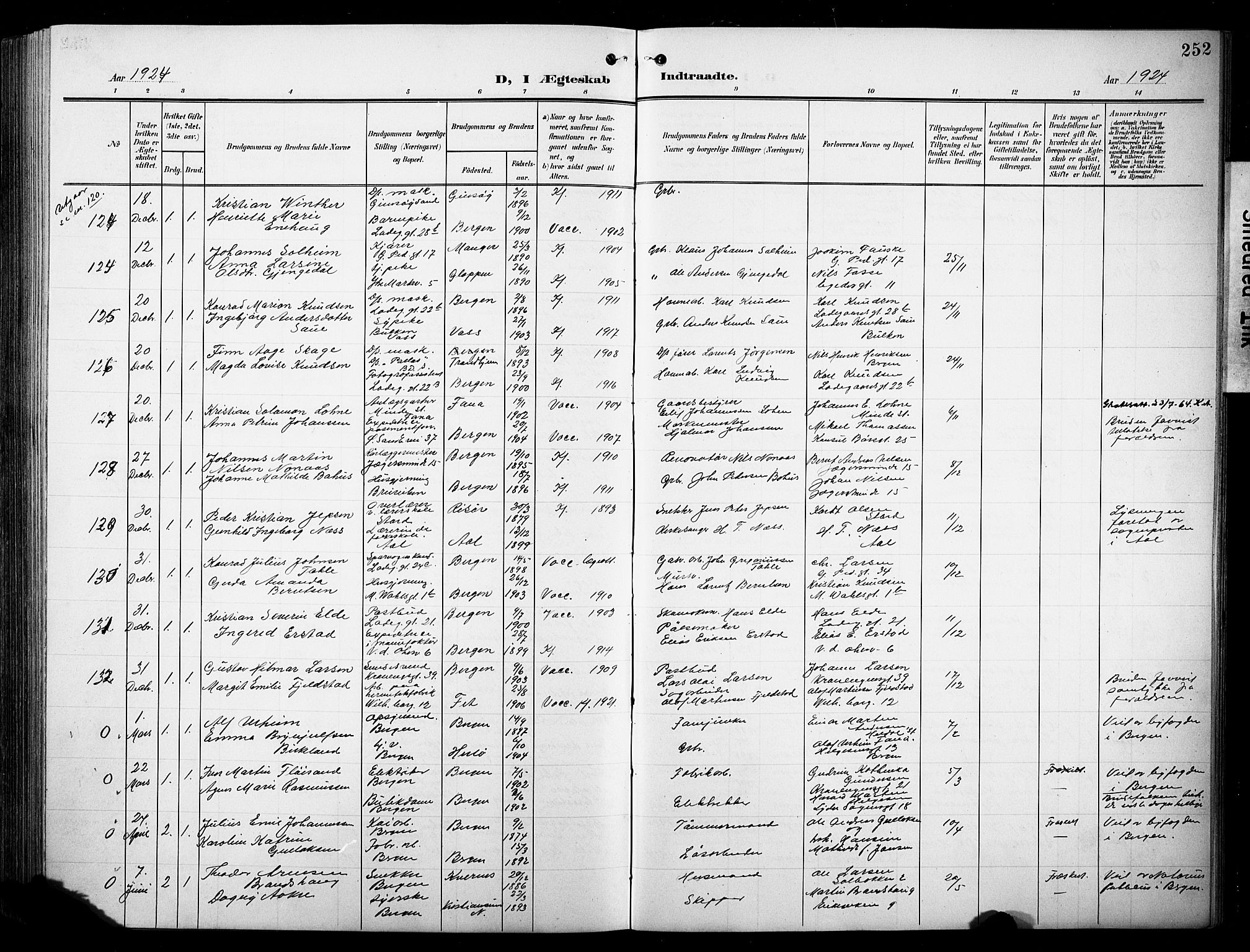 Sandviken Sokneprestembete, AV/SAB-A-77601/H/Hb/L0014: Klokkerbok nr. D 1, 1902-1929, s. 252