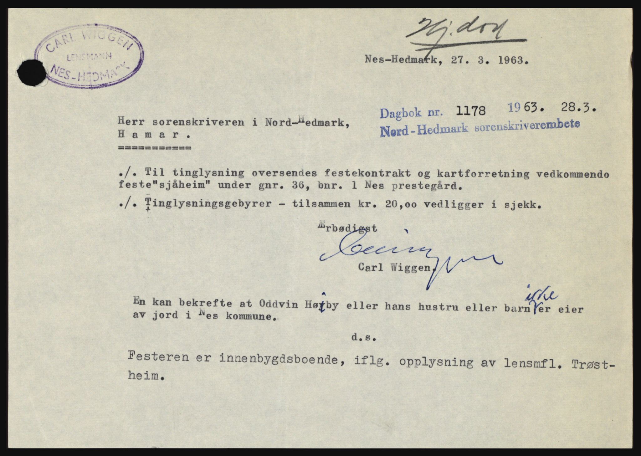 Nord-Hedmark sorenskriveri, SAH/TING-012/H/Hc/L0017: Pantebok nr. 17, 1962-1963, Dagboknr: 1178/1963