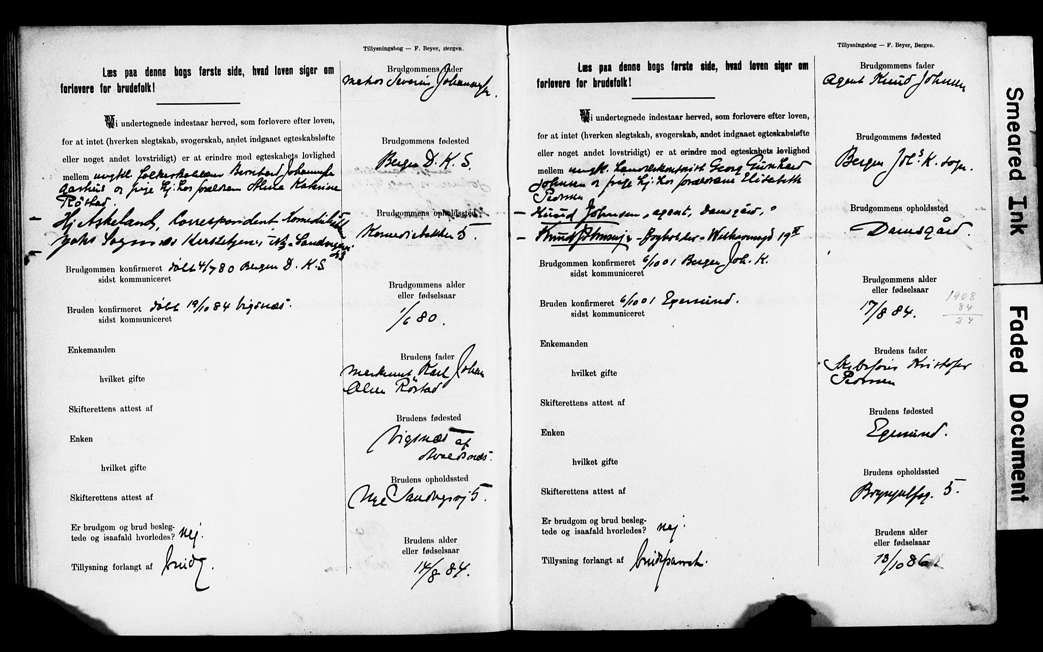 Mariakirken Sokneprestembete, SAB/A-76901: Forlovererklæringer nr. II.5.2, 1901-1909, s. 194