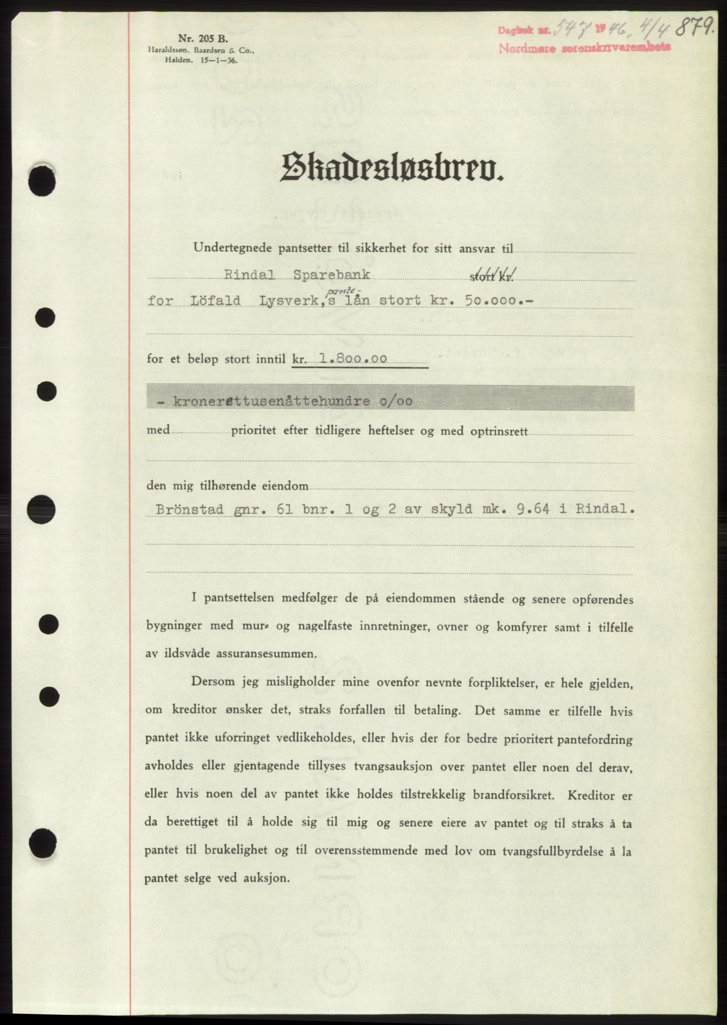 Nordmøre sorenskriveri, SAT/A-4132/1/2/2Ca: Pantebok nr. B93b, 1946-1946, Dagboknr: 547/1946