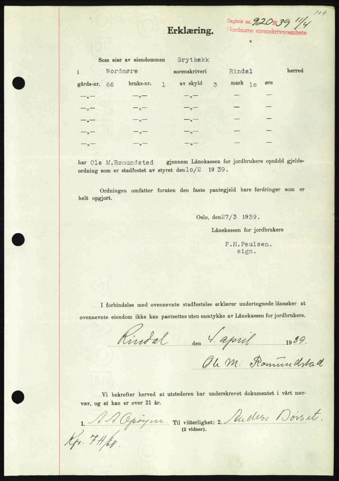 Nordmøre sorenskriveri, SAT/A-4132/1/2/2Ca: Pantebok nr. B85, 1939-1939, Dagboknr: 920/1939